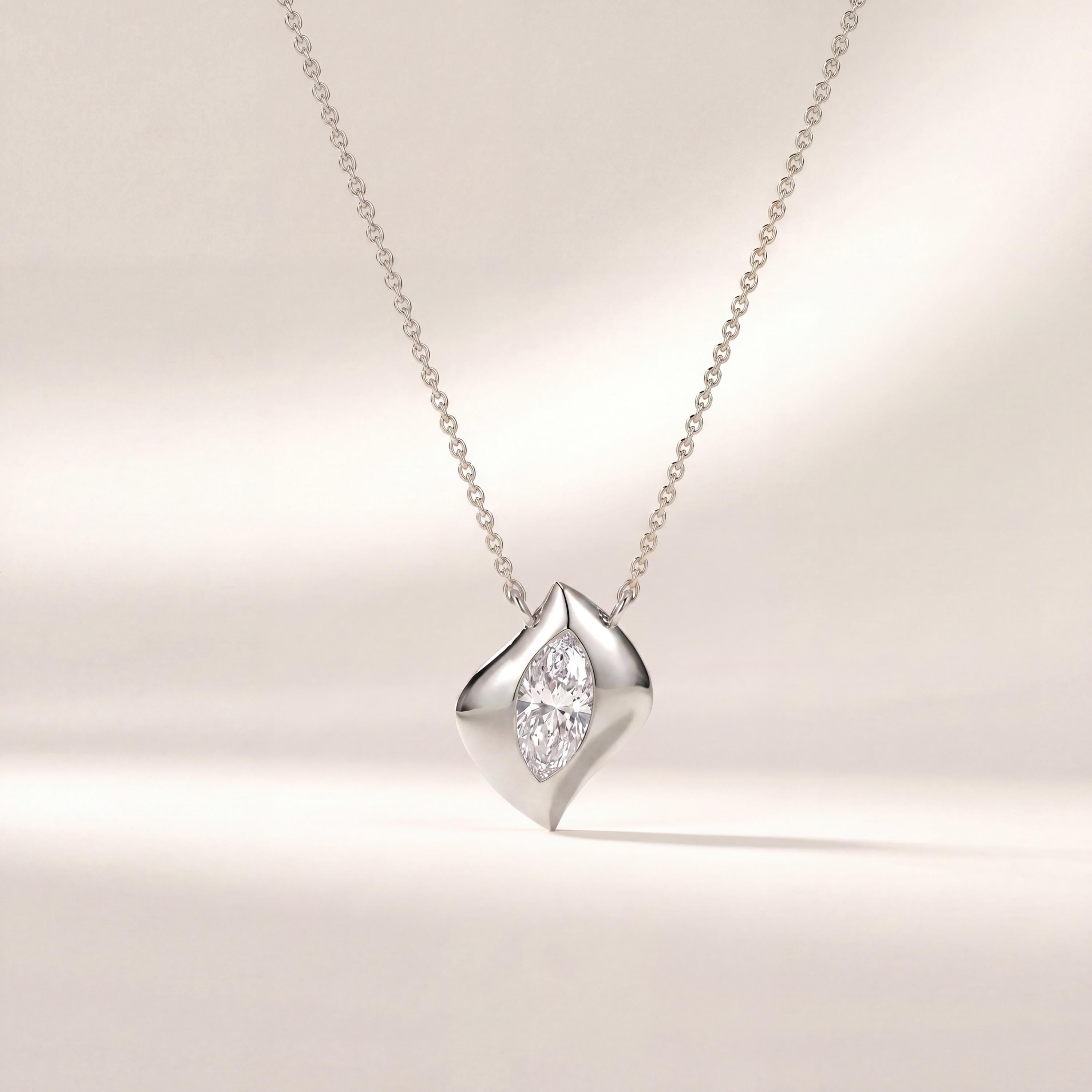 Marquise Diamond Dainty Leaf Pendant Necklace 14K Solid Gold