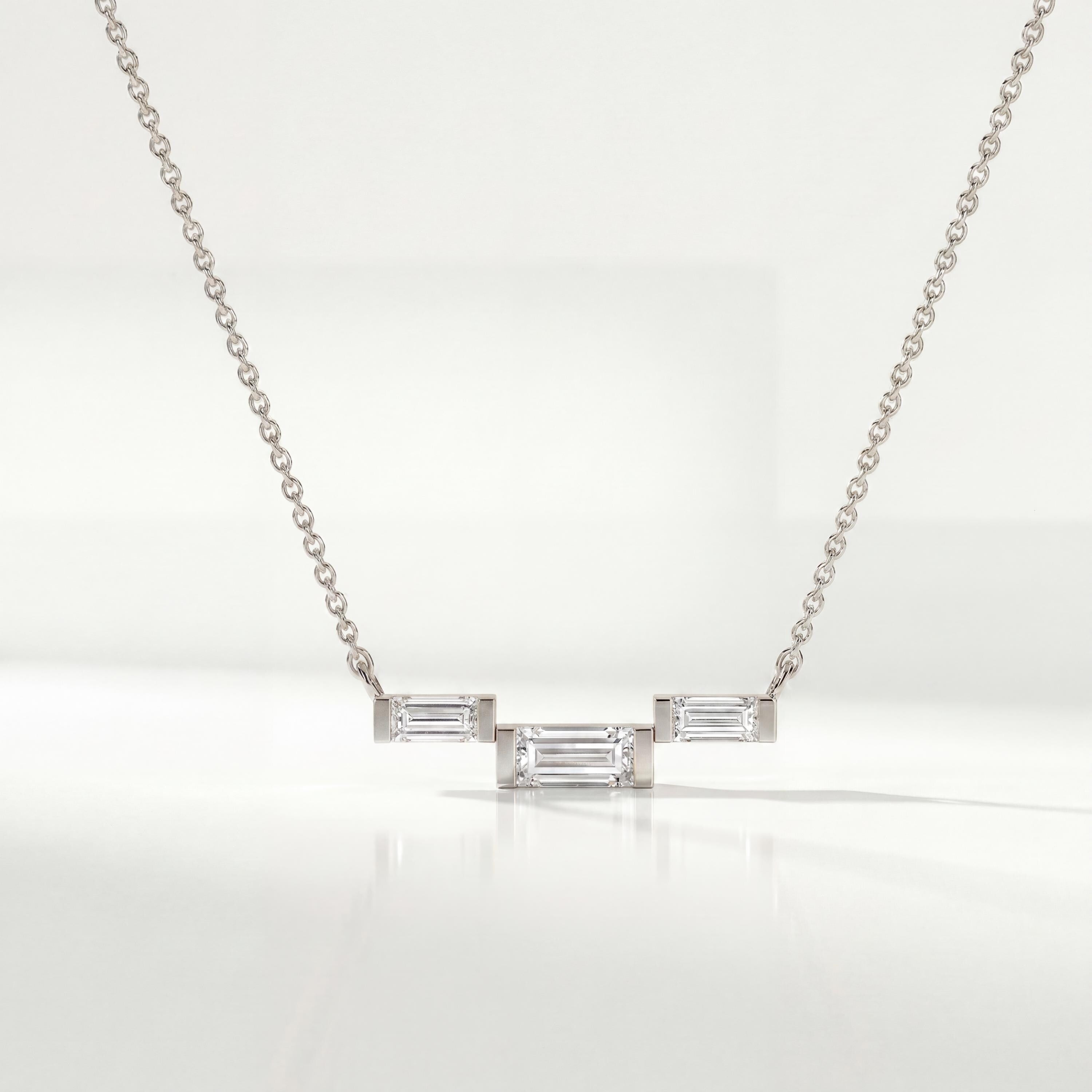 3 Stone Baguette Diamond Dainty Bar Set 14K Solid Gold Pendant Necklace