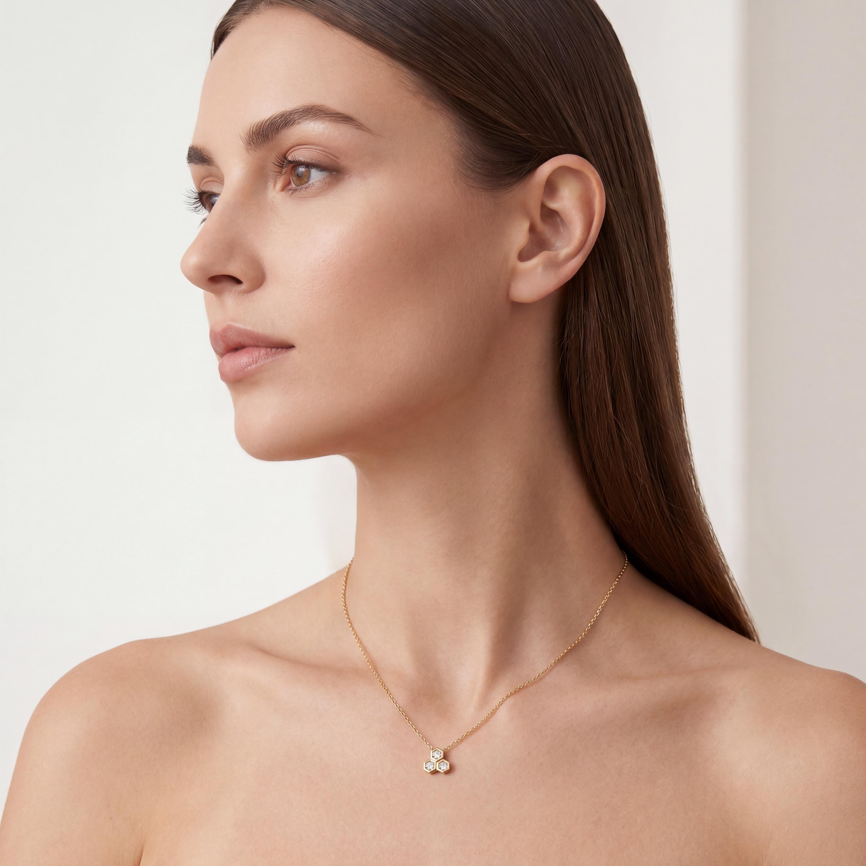 Round Diamond Three Stone Cluster Hexagon Bezel Necklace 14K Solid Gold Pendant