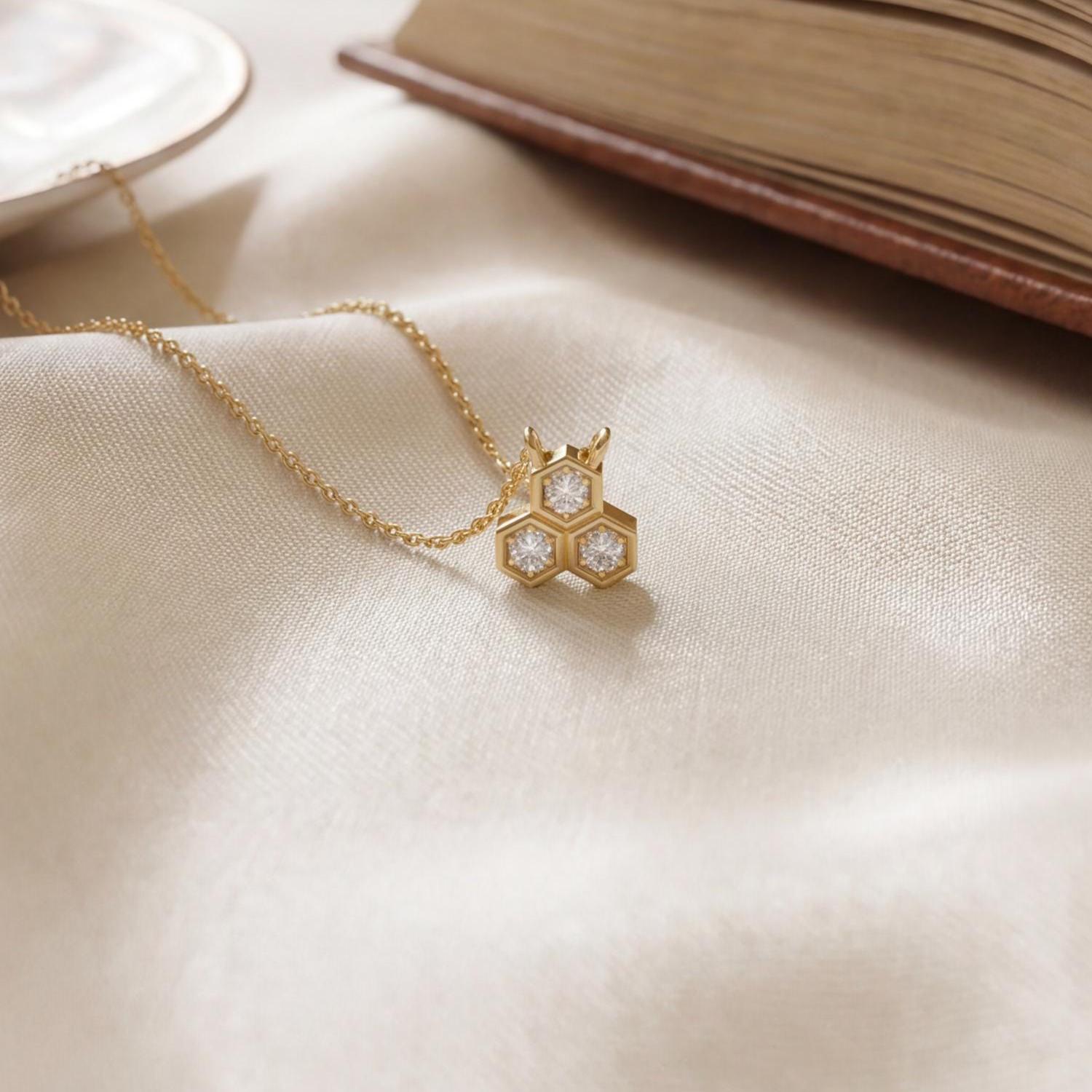Round Diamond Three Stone Cluster Hexagon Bezel Necklace 14K Solid Gold Pendant