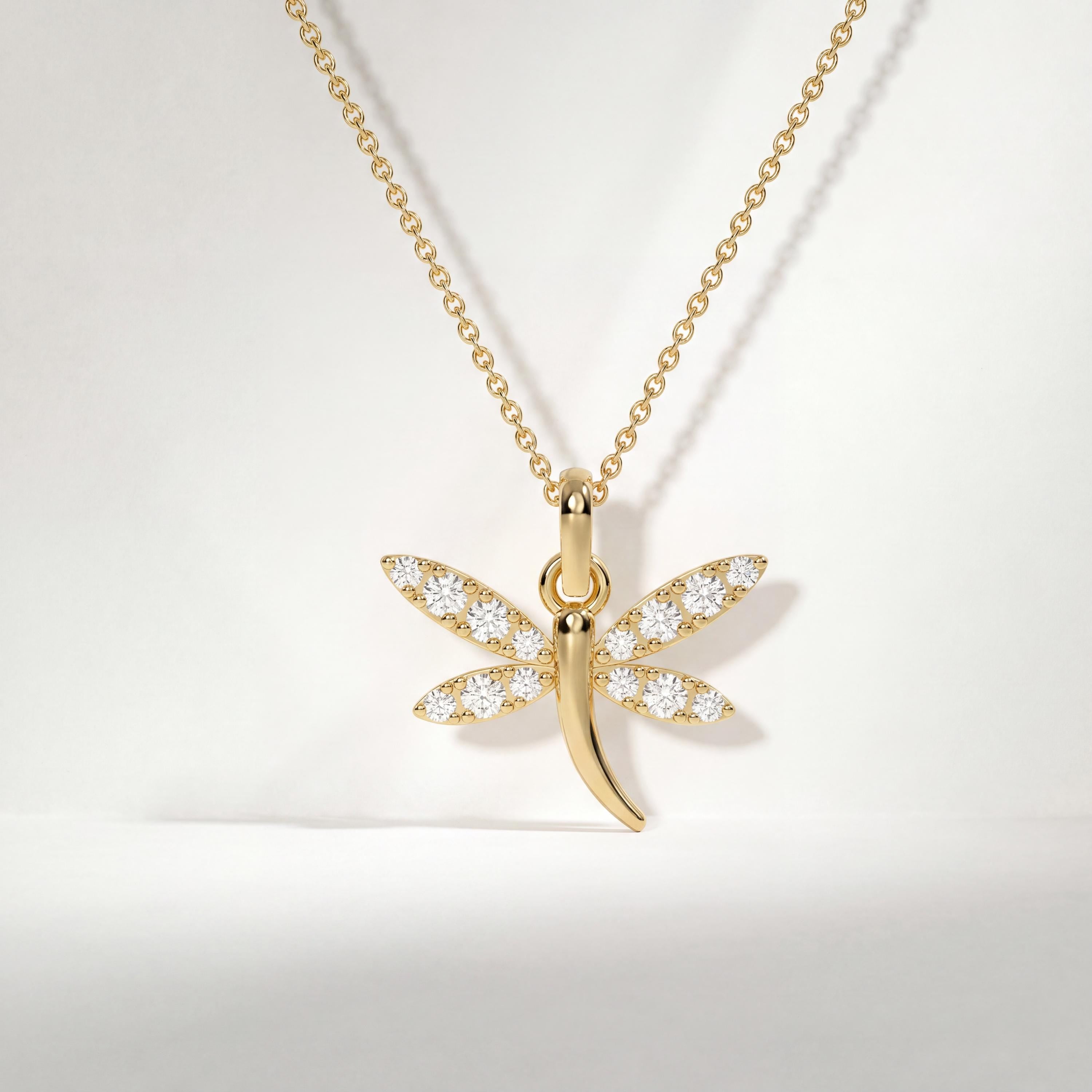 Round Diamond Dainty Dragonfly 14K Solid Gold Pendant Necklace
