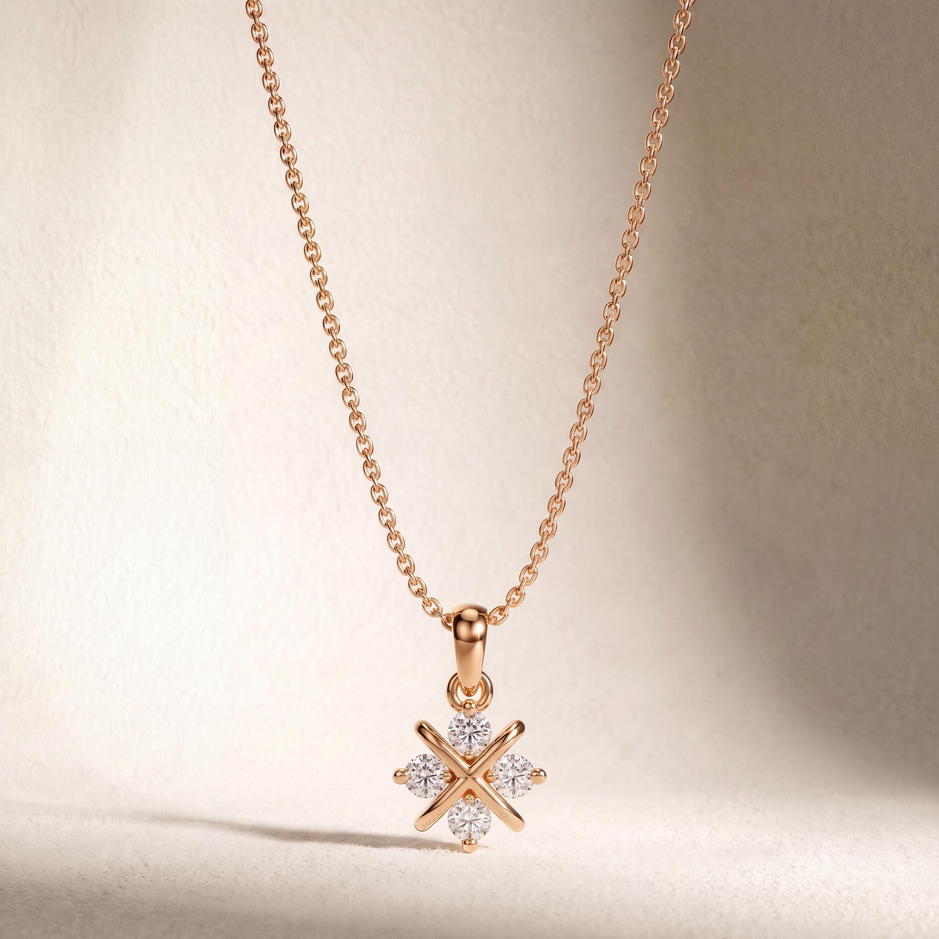 4 Stone Brilliant Cut Diamond Floral 14K Gold Pendant Necklace Gift For Her