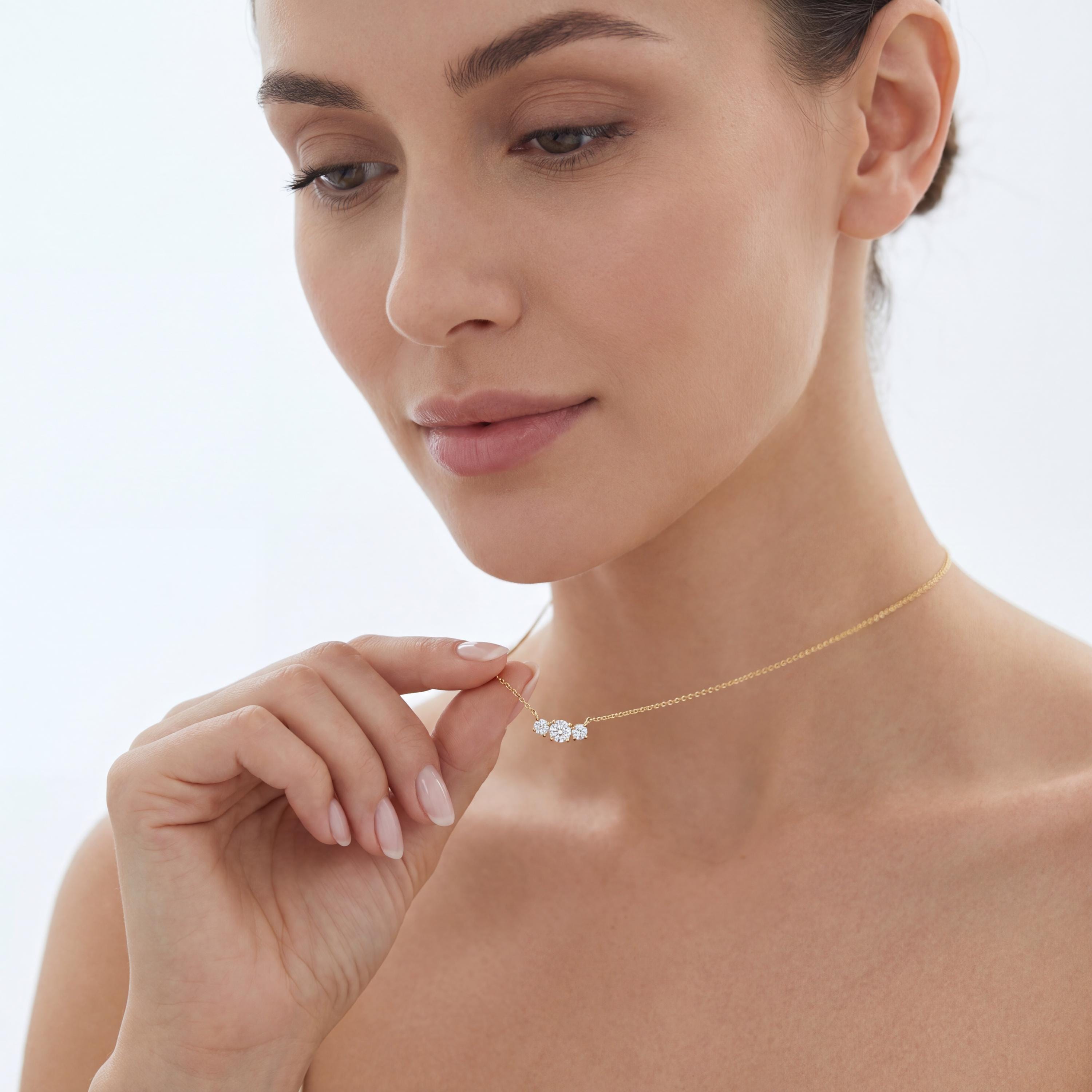 Round Diamond Three Stone Dainty Necklace 14K Solid Gold Pendant