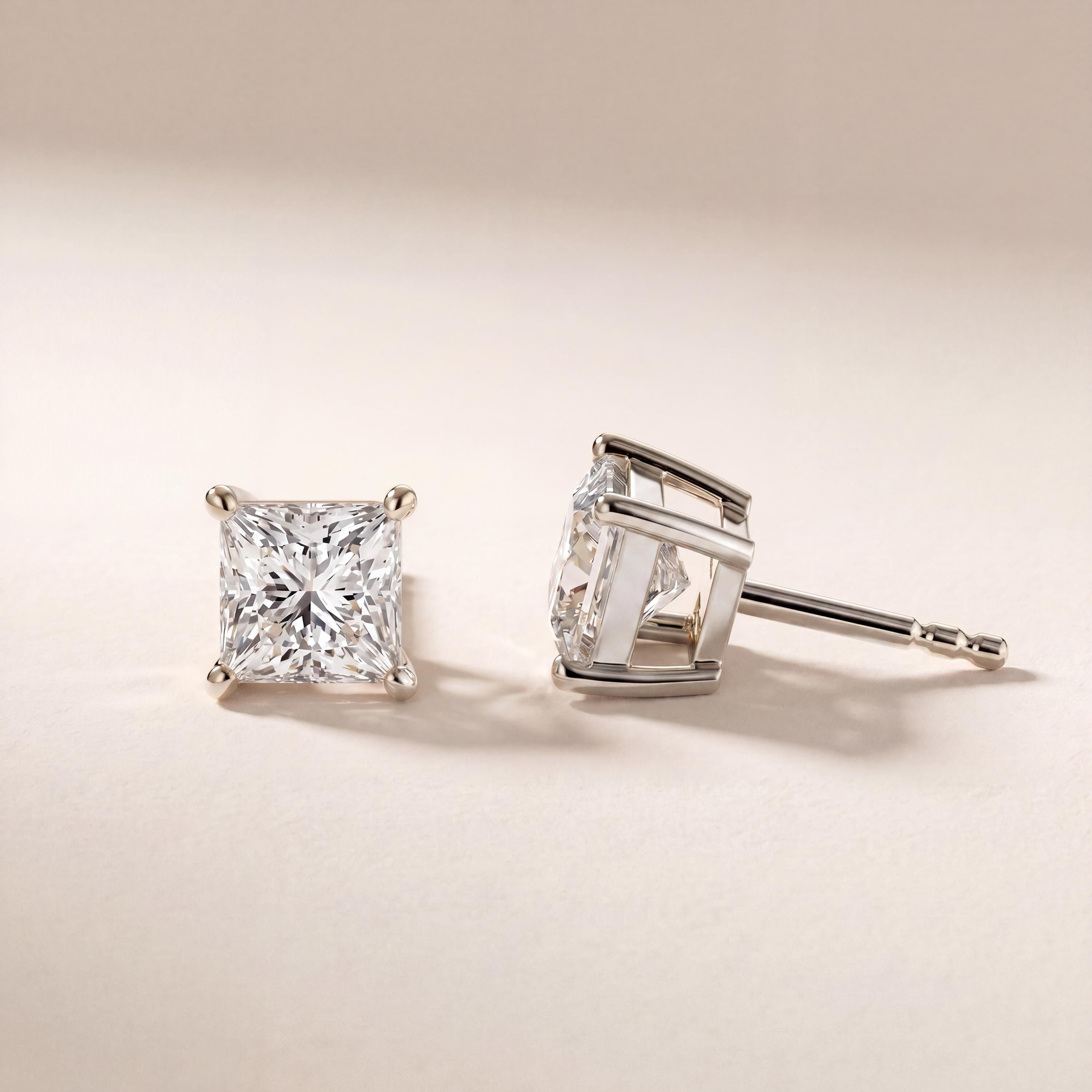 14k Gold Princess Cut Studs Prong Set Diamond Earrings 1.00-4.00 CTW Minimalist Gift For Her By JIORE