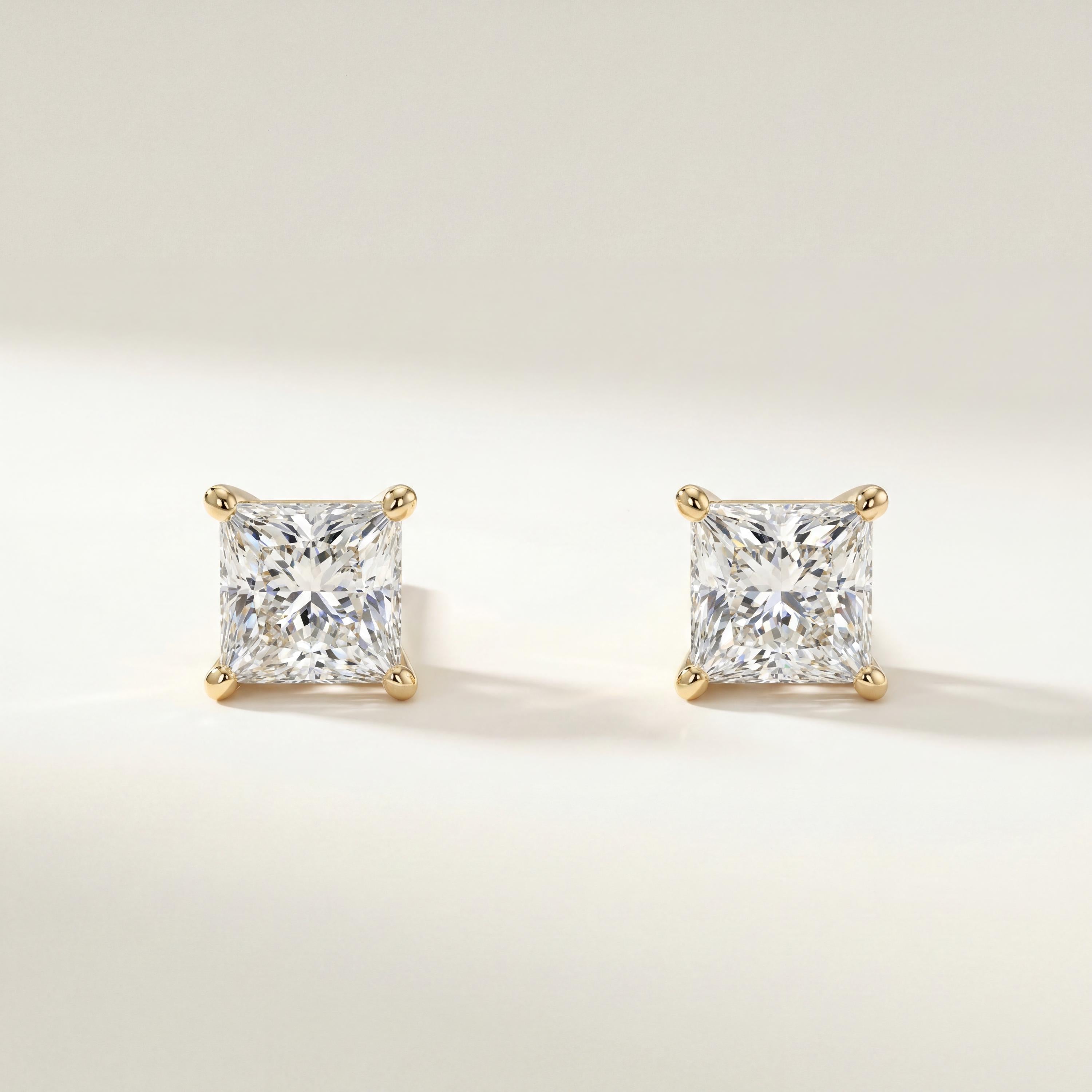 14k Gold Princess Cut Studs Prong Set Diamond Earrings 1.00-4.00 CTW Minimalist Gift For Her By JIORE