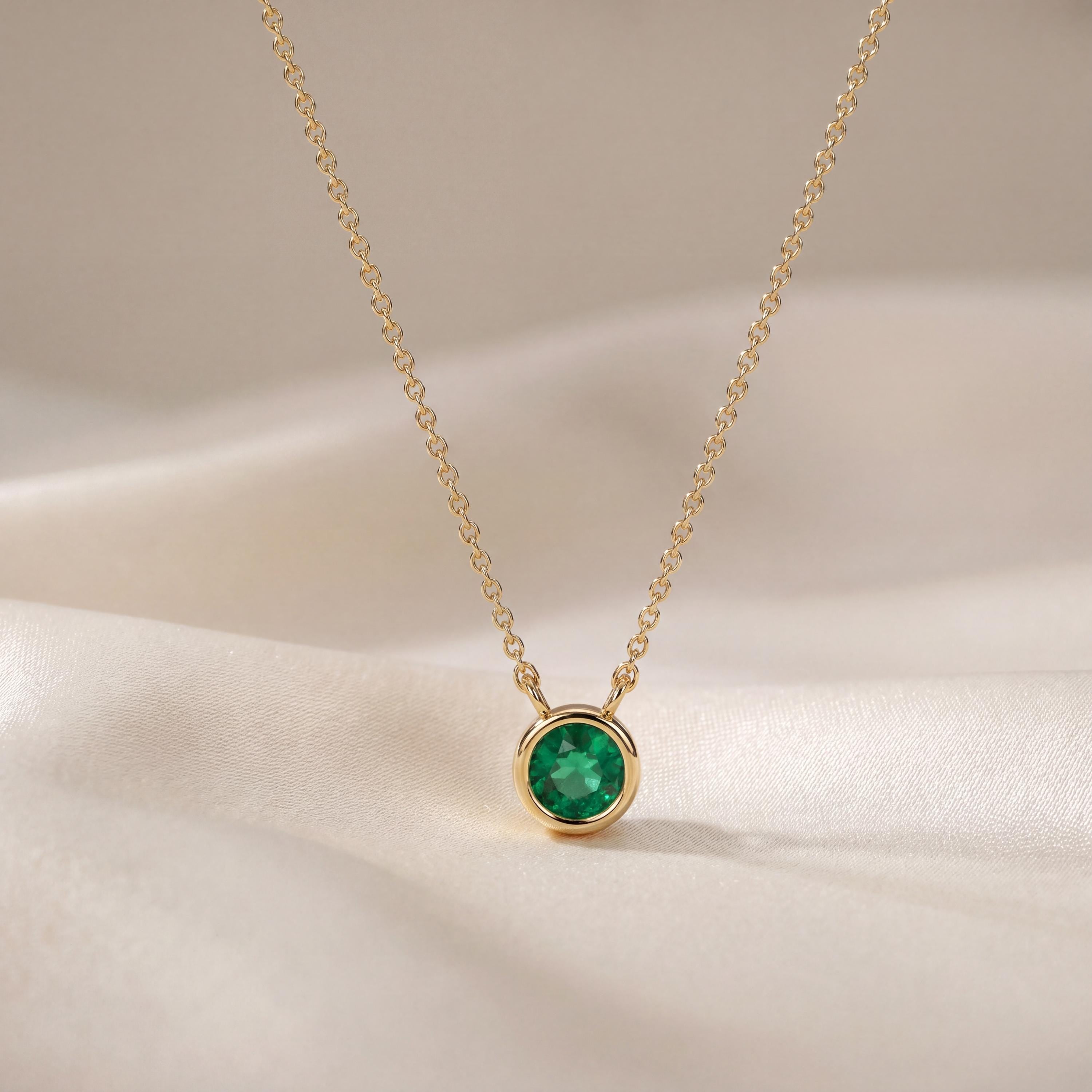 Round Emerald Bezel Set Solitaire 14K Solid Gold Pendant Necklace