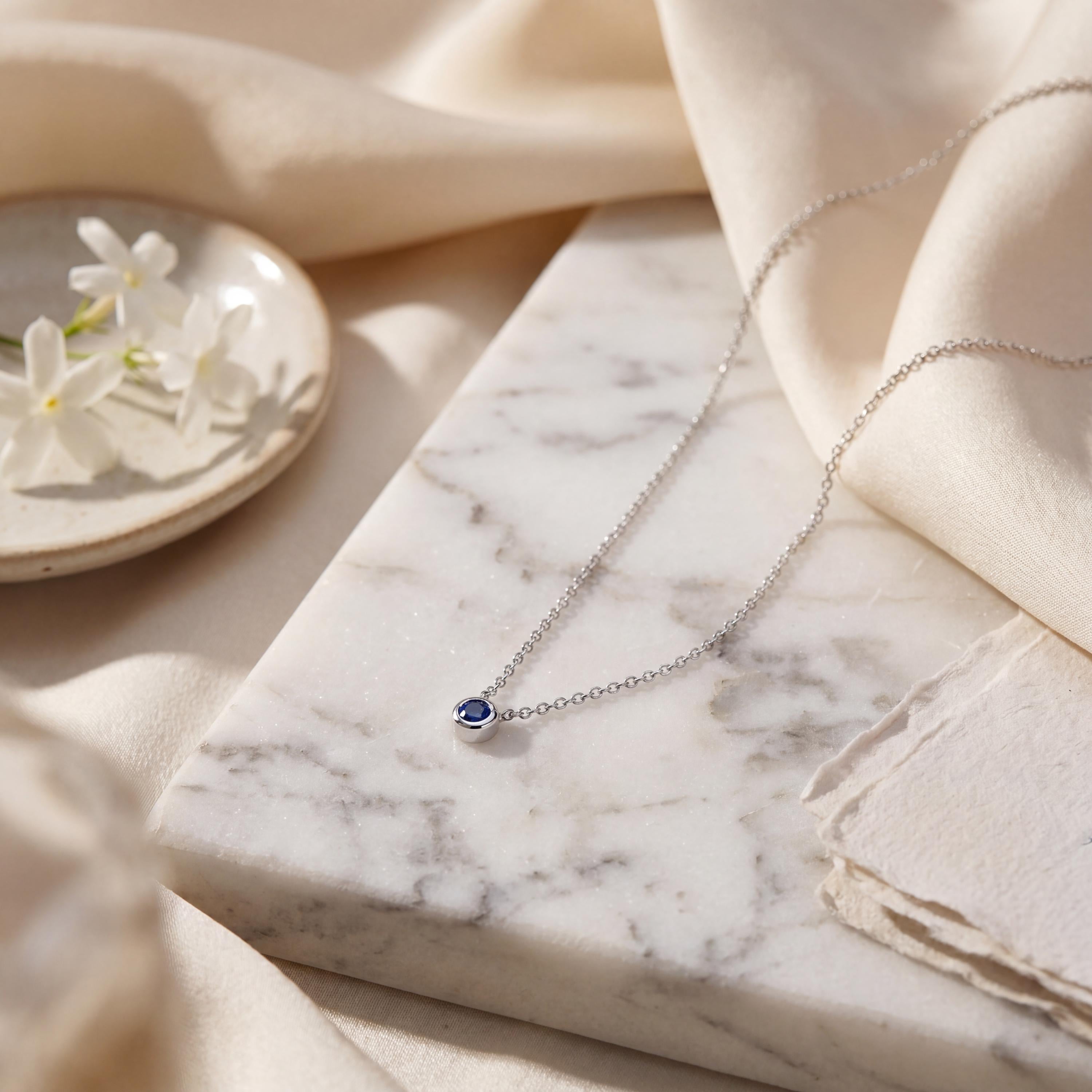 Round Sapphire Bezel Set Solitaire 14K Solid Gold Pendant Necklace
