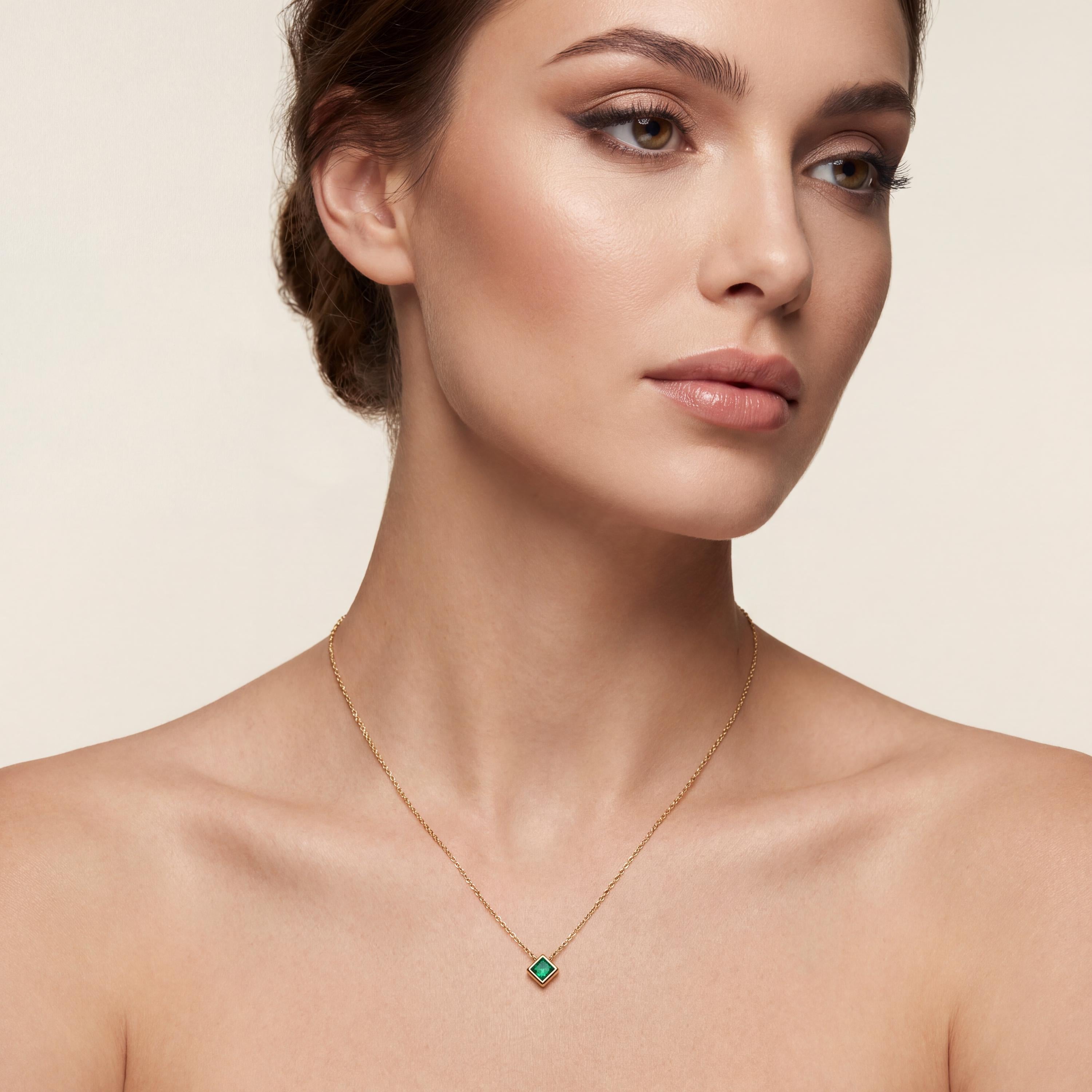 Princess Cut Emerald Bezel Set Solitaire 14K Solid Gold Pendant Necklace