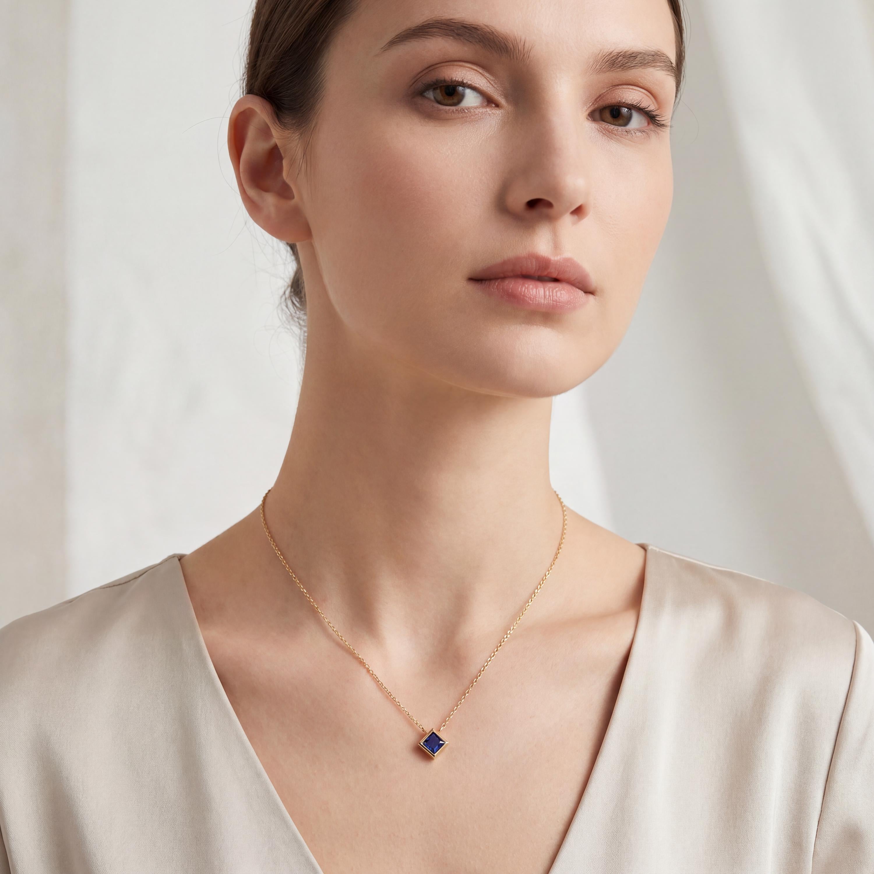 Princess Cut Sapphire Bezel Set Solitaire 14K Solid Gold Pendant Necklace