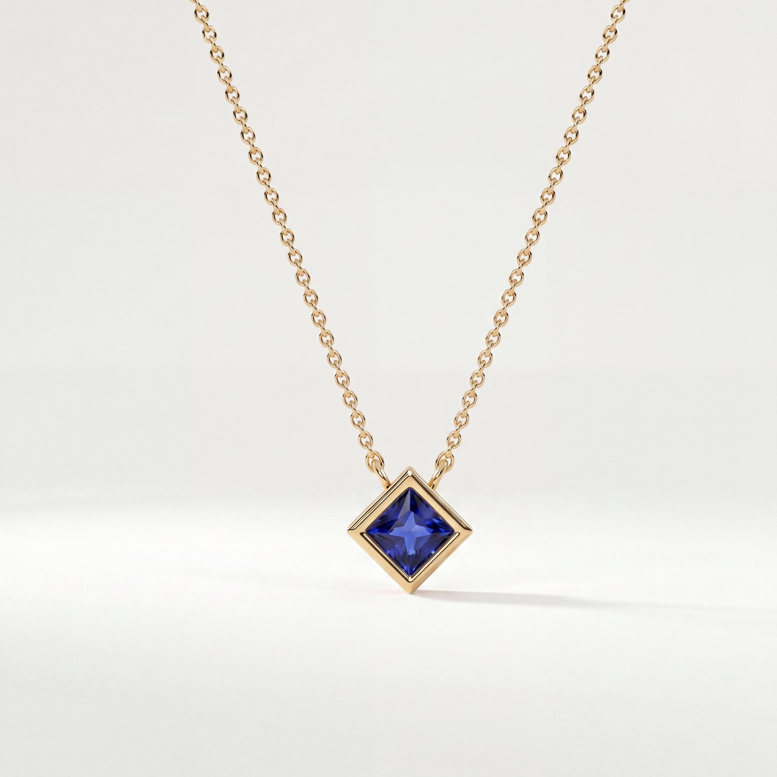 Princess Cut Sapphire Bezel Set Solitaire 14K Solid Gold Pendant Necklace