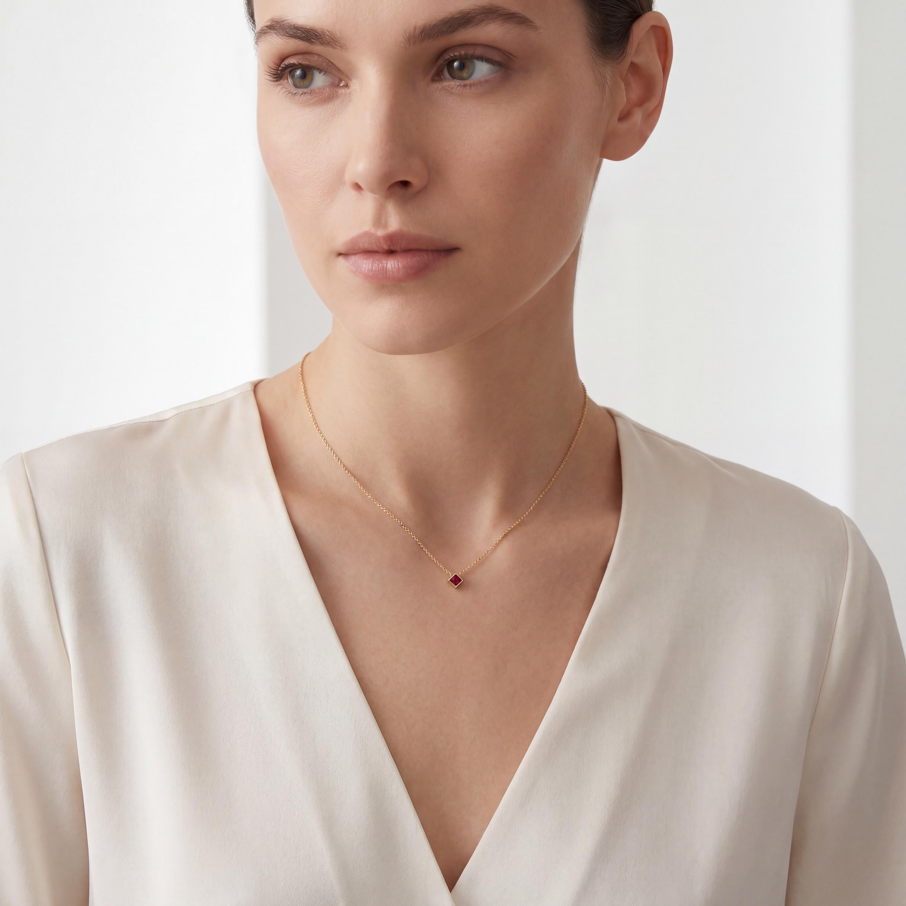 Princess Cut Ruby Bezel Set Solitaire 14K Solid Gold Pendant Necklace