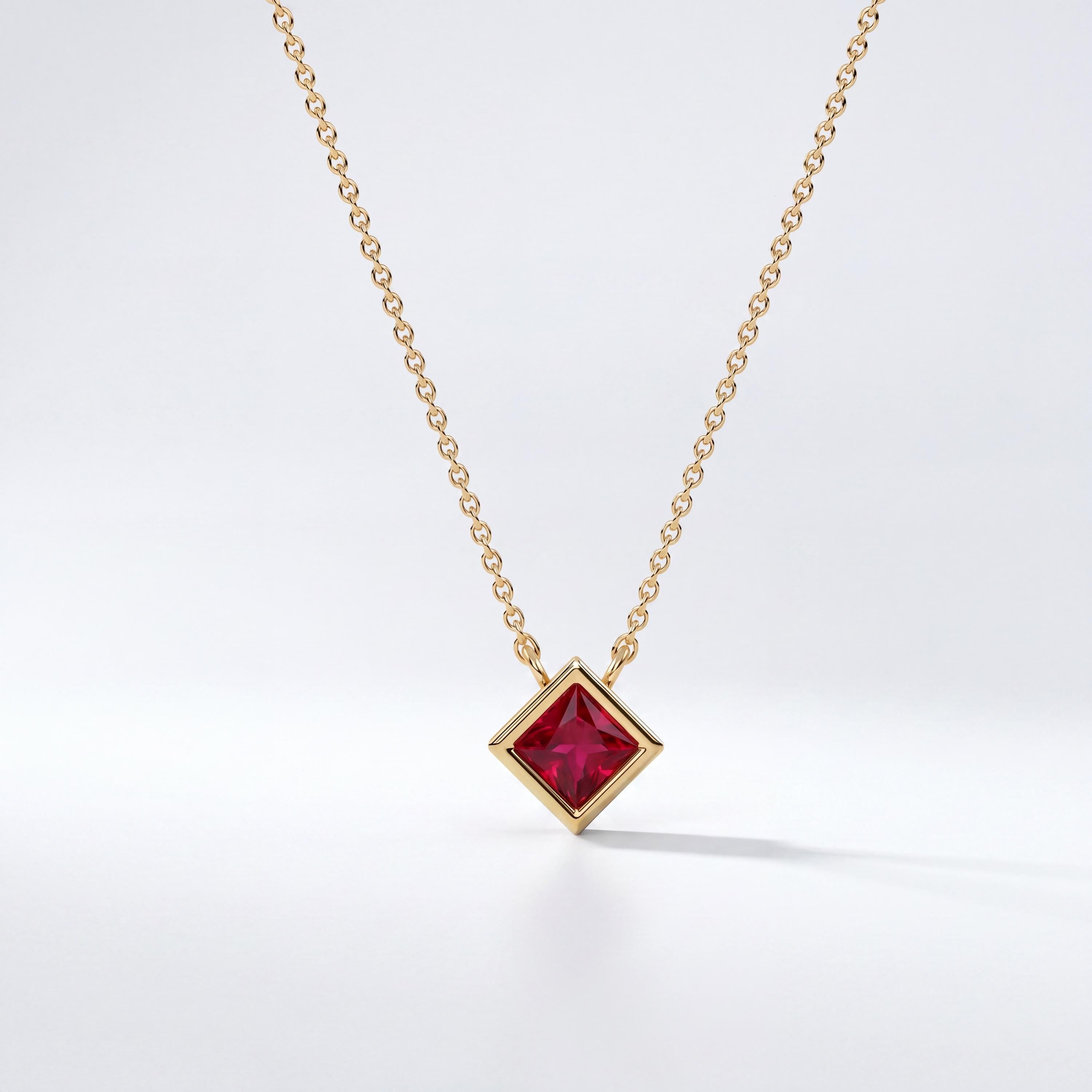 Princess Cut Ruby Bezel Set Solitaire 14K Solid Gold Pendant Necklace