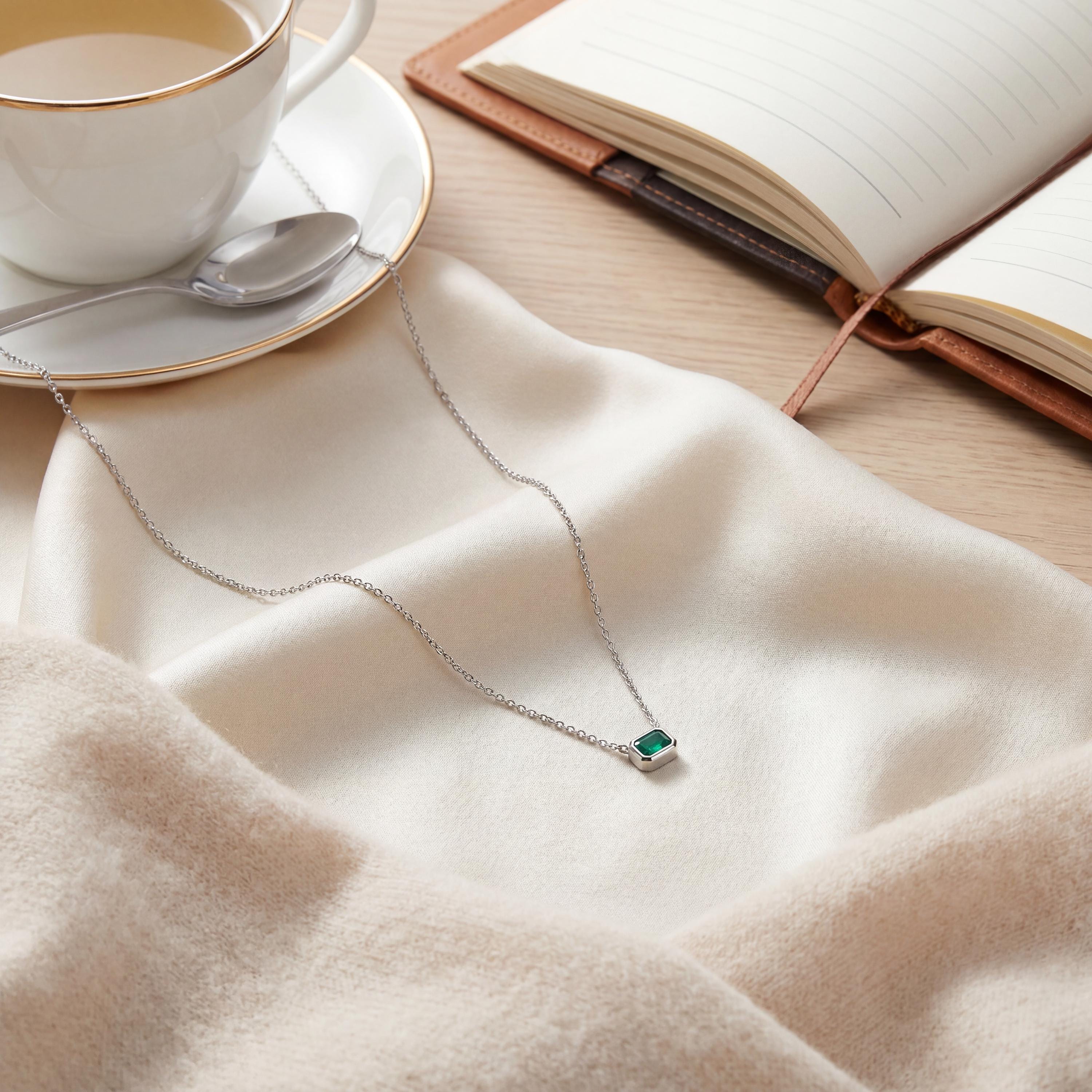 Emerald Bezel Set Emerald Cut Dainty Solitaire 14K Solid Gold Pendant Necklace