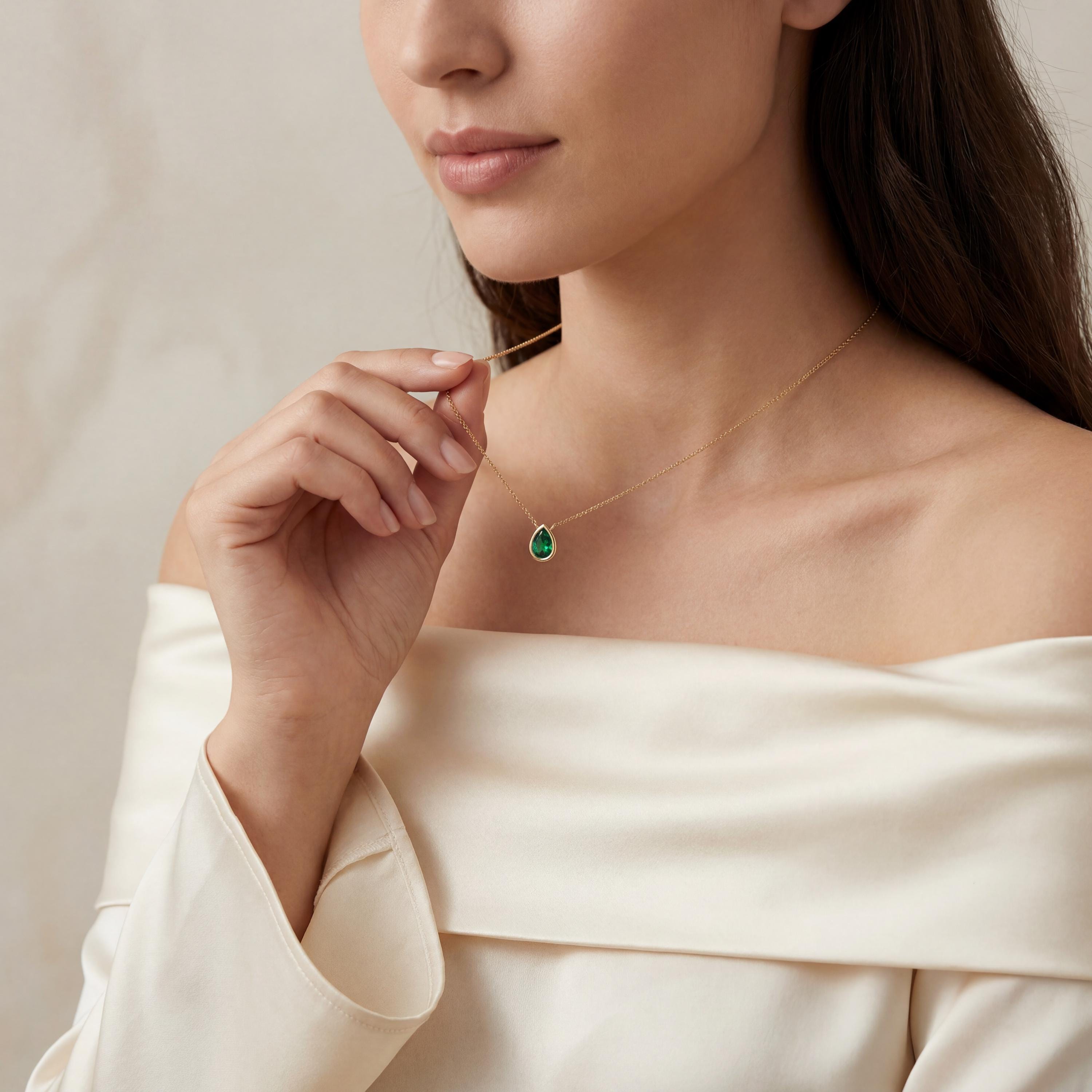Pear Shape Emerald Bezel Set Dainty Solitaire 14K Solid Gold Pendant Necklace