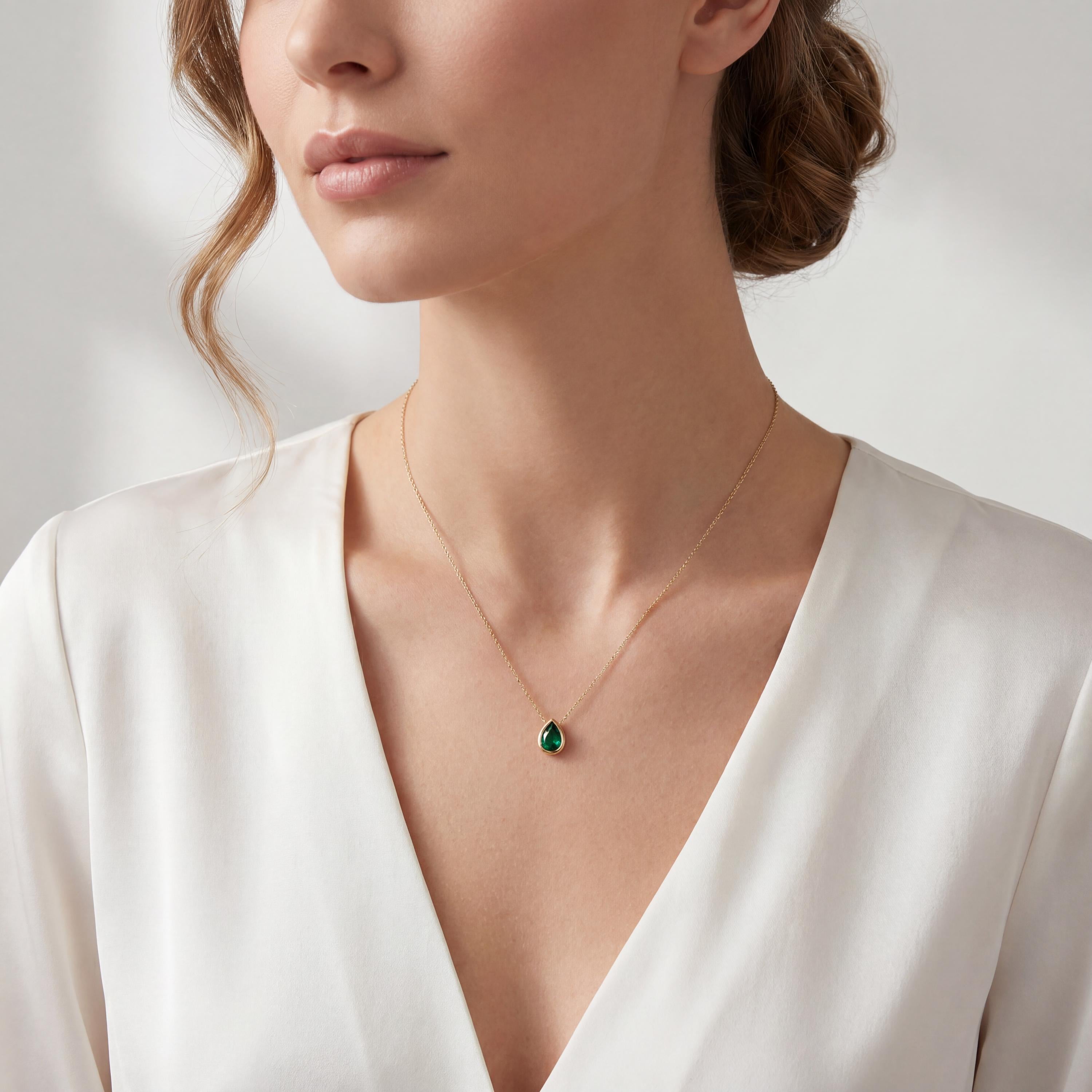 Pear Shape Emerald Bezel Set Dainty Solitaire 14K Solid Gold Pendant Necklace