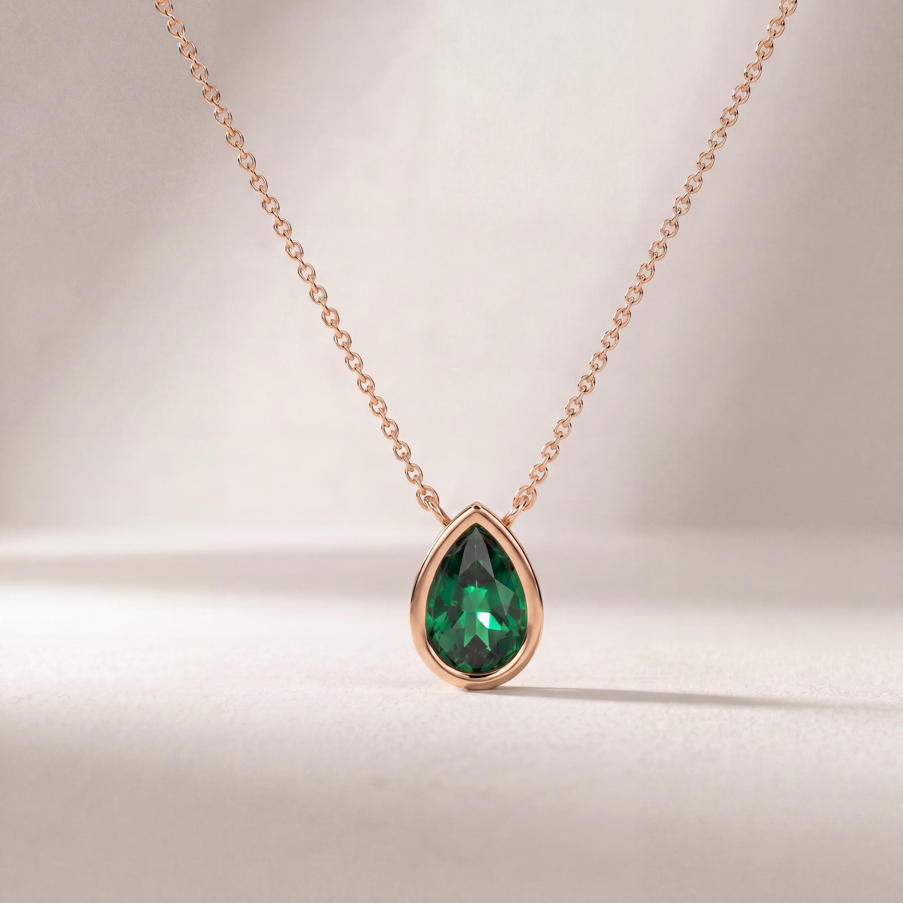 Pear Shape Emerald Bezel Set Dainty Solitaire 14K Solid Gold Pendant Necklace