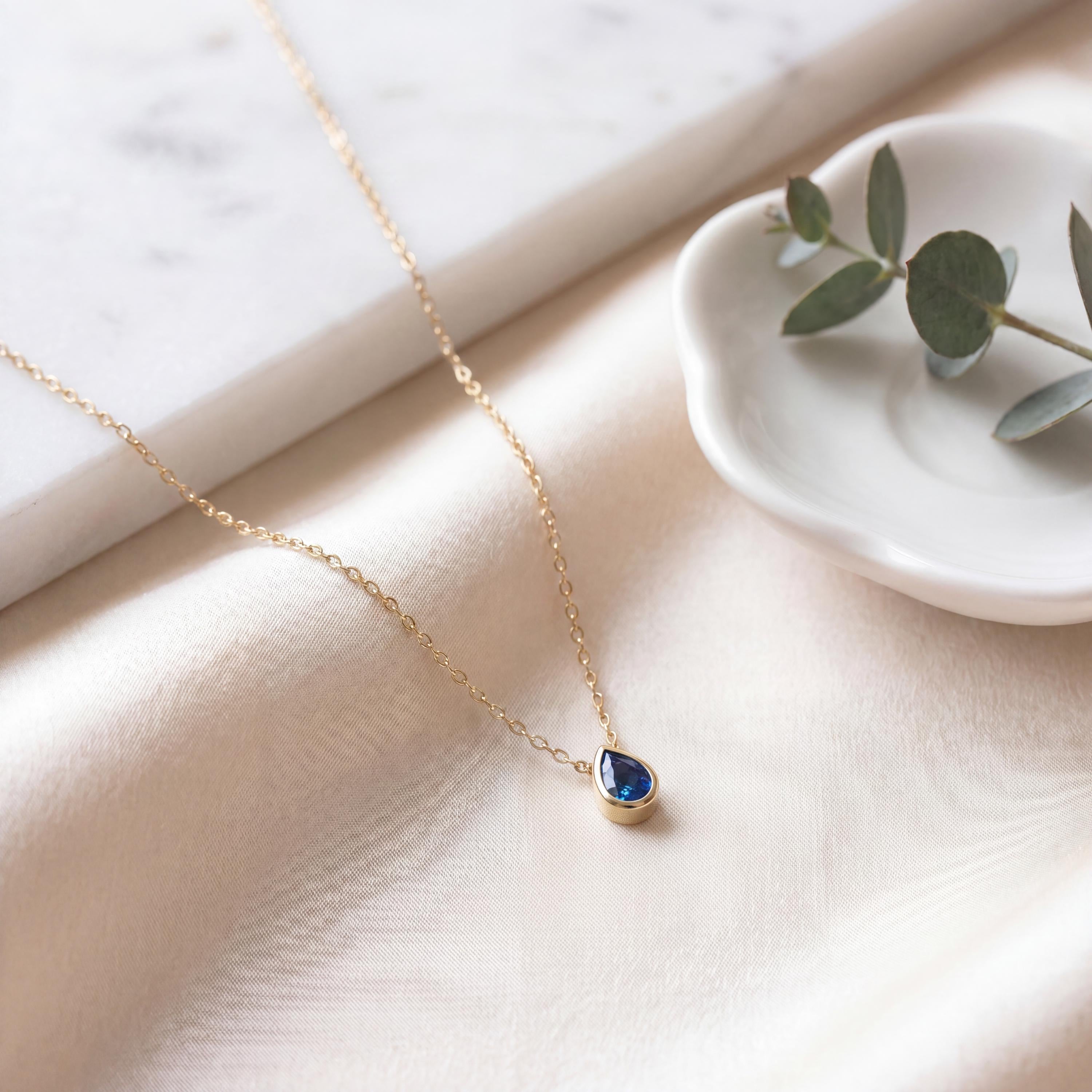 Pear Shape Sapphire Bezel Set Dainty Solitaire 14K Solid Gold Pendant Necklace