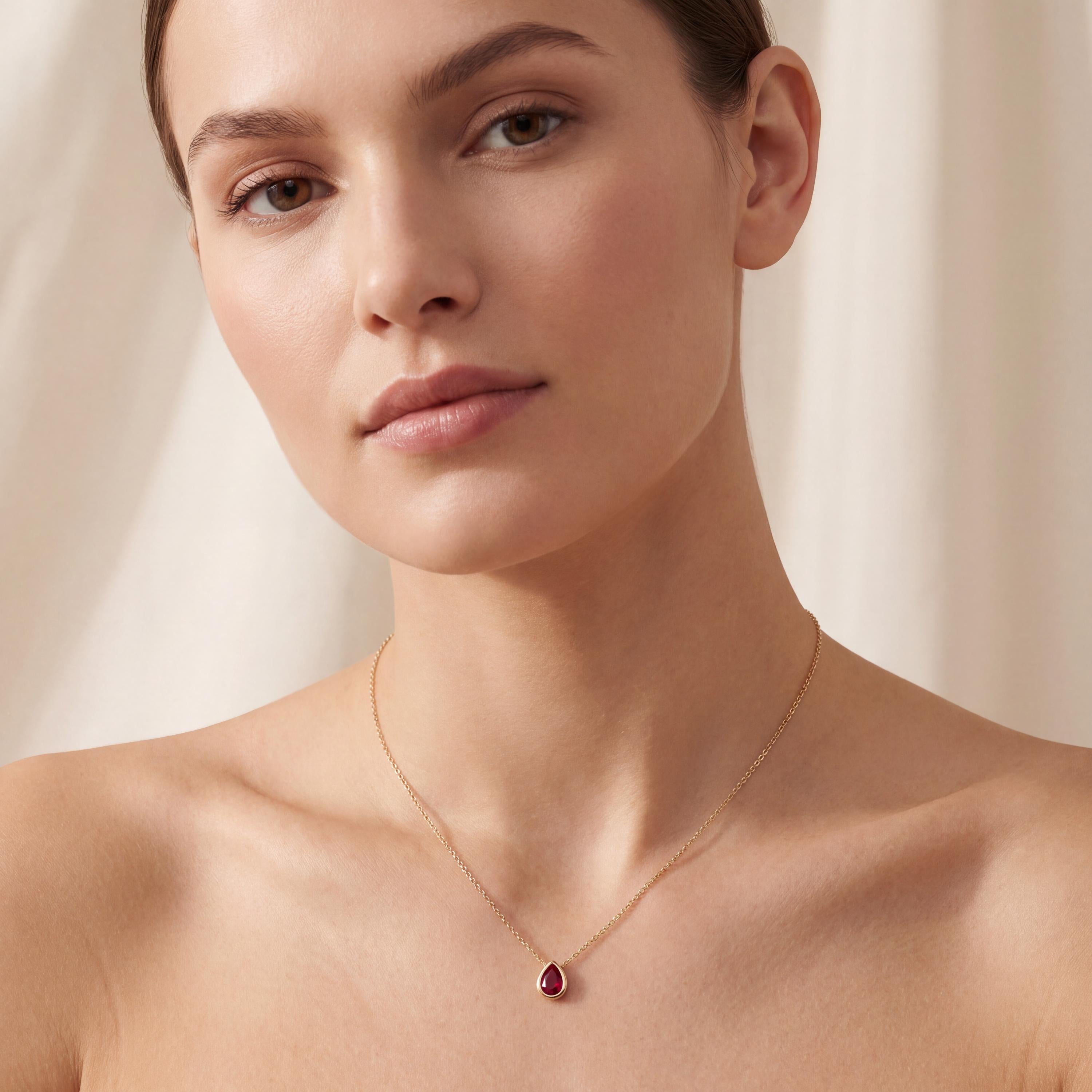 Pear Shape Ruby Bezel Set Dainty Solitaire 14K Solid Gold Pendant Necklace