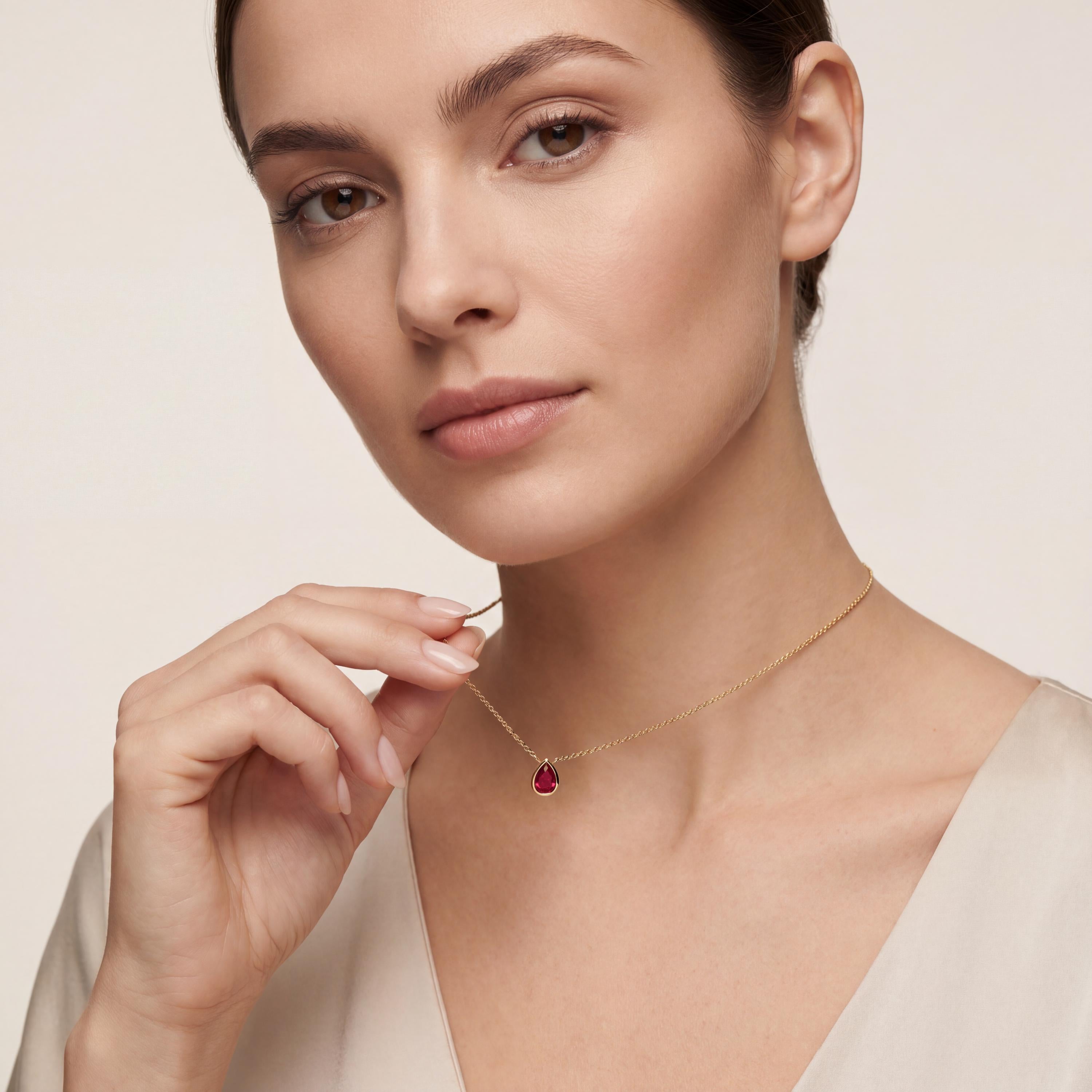 Pear Shape Ruby Bezel Set Dainty Solitaire 14K Solid Gold Pendant Necklace