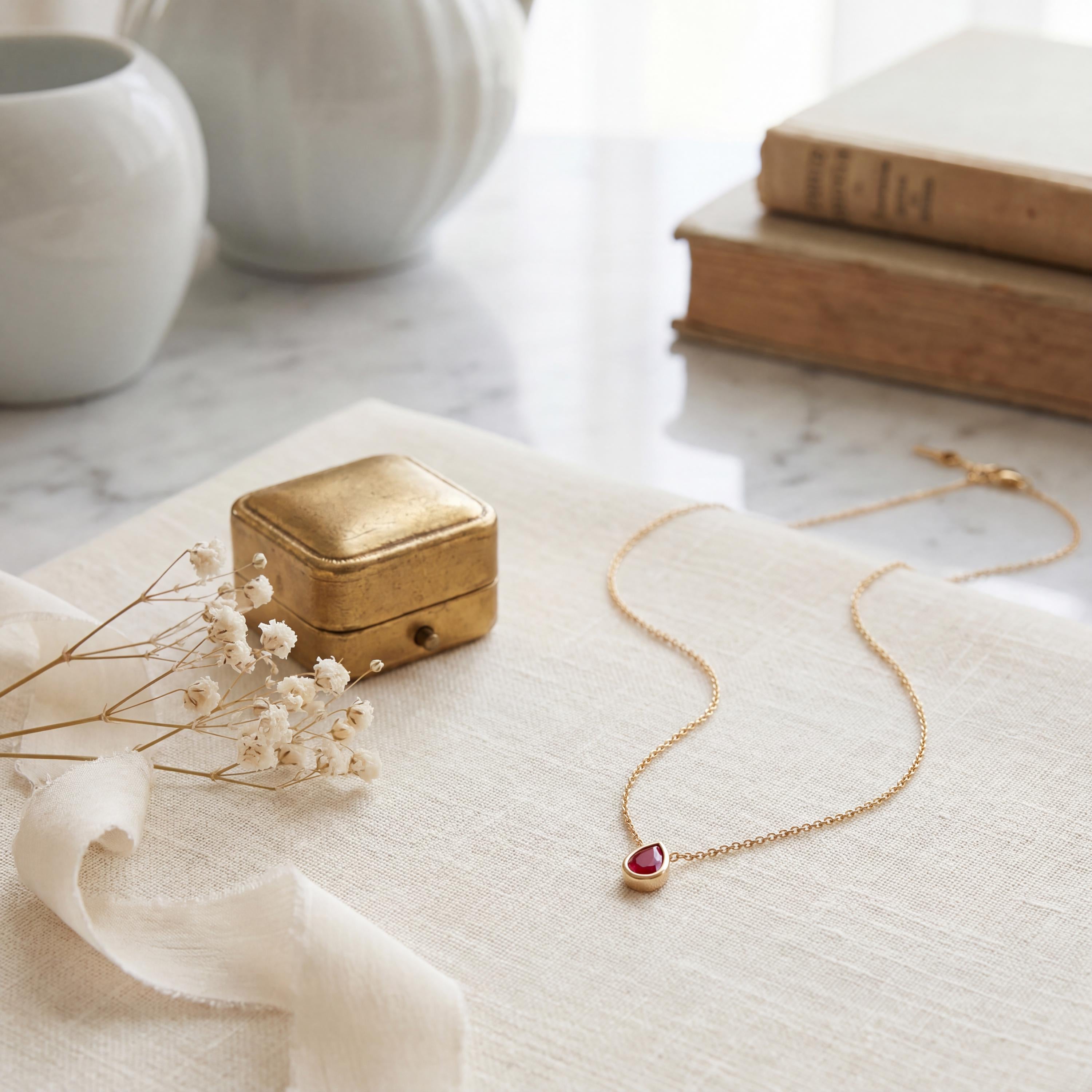 Pear Shape Ruby Bezel Set Dainty Solitaire 14K Solid Gold Pendant Necklace