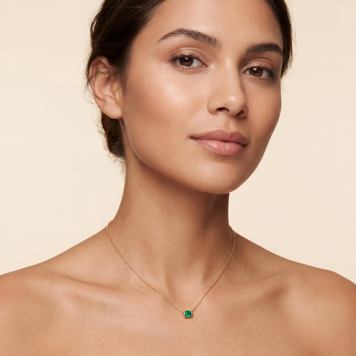 Round Brilliant Cut Emerald Solitaire Dainty Half Bezel 14K Solid Gold Pendant Necklace