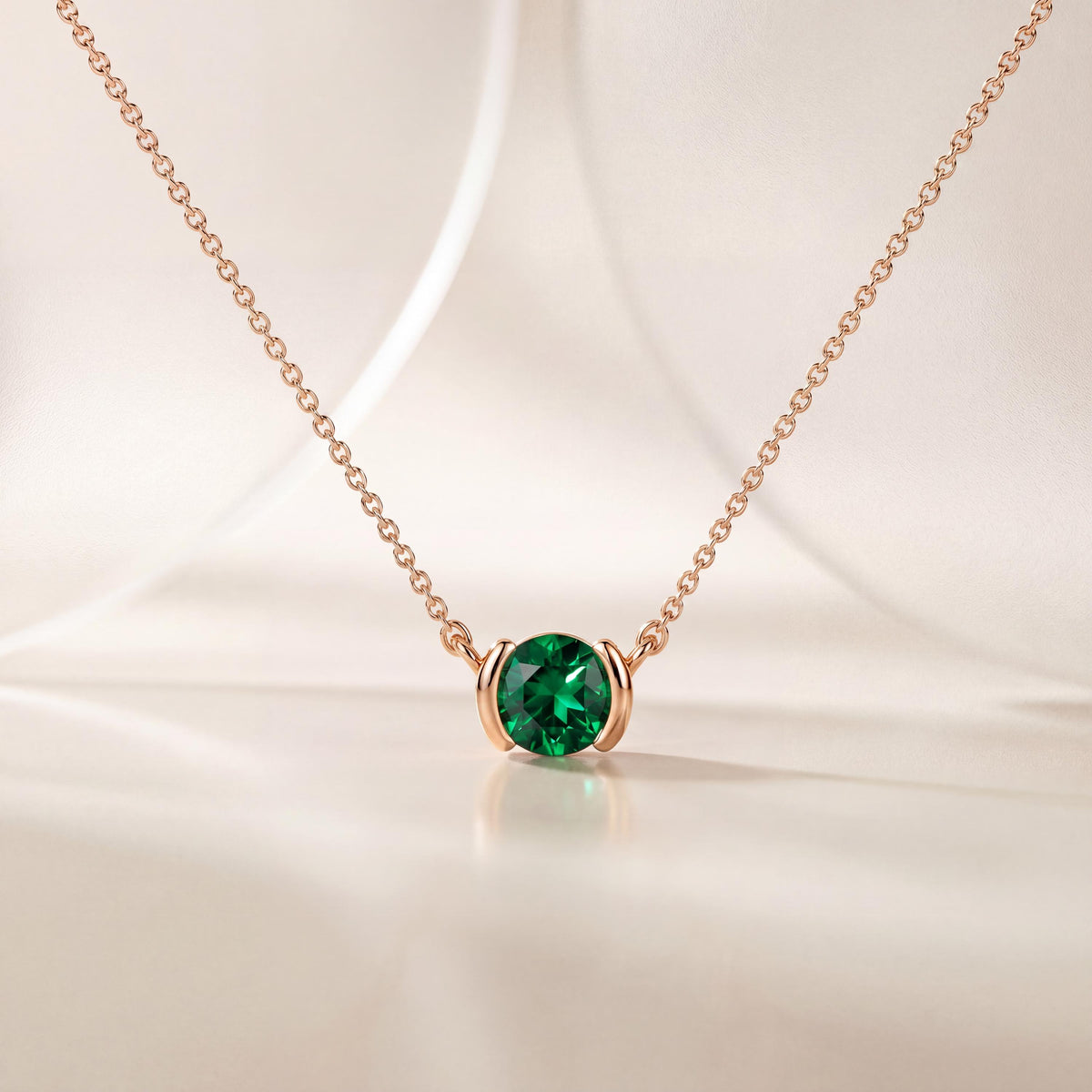 Round Brilliant Cut Emerald Solitaire Dainty Half Bezel 14K Solid Gold Pendant Necklace