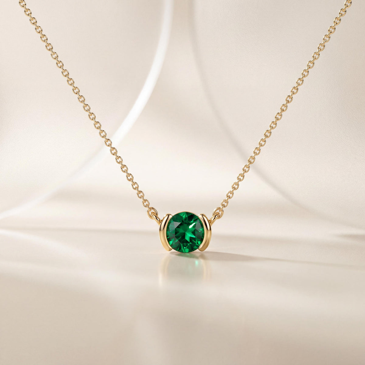 Round Brilliant Cut Emerald Solitaire Dainty Half Bezel 14K Solid Gold Pendant Necklace