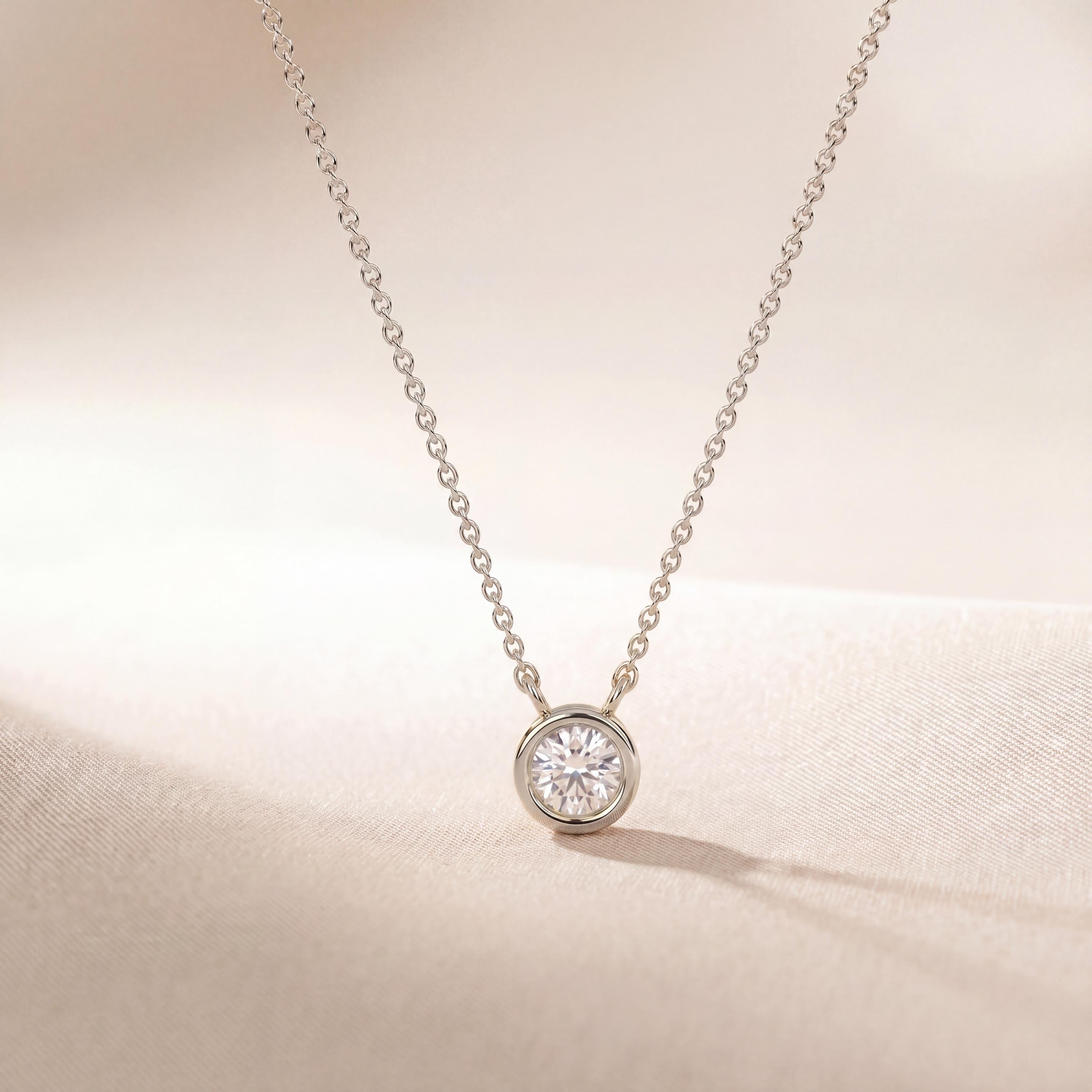 Round Diamond Bezel Set Solitaire 14K Solid Gold Pendant Necklace