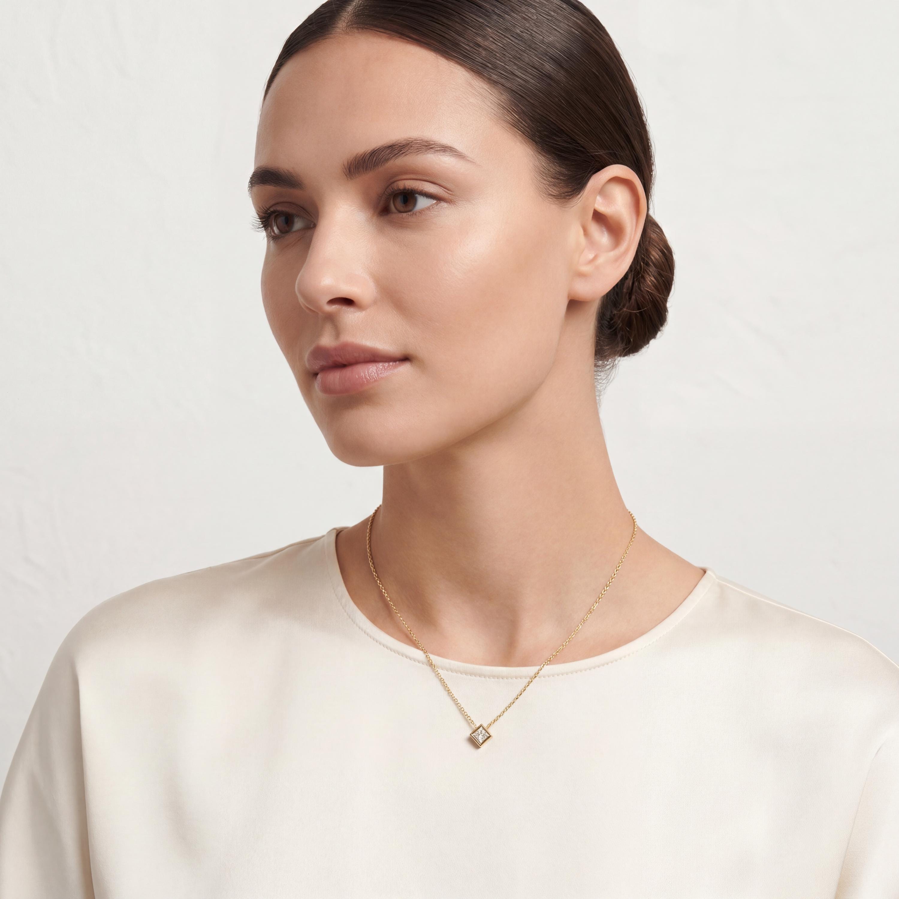 Princess Cut Diamond Bezel Set Solitaire 14K Solid Gold Pendant Necklace
