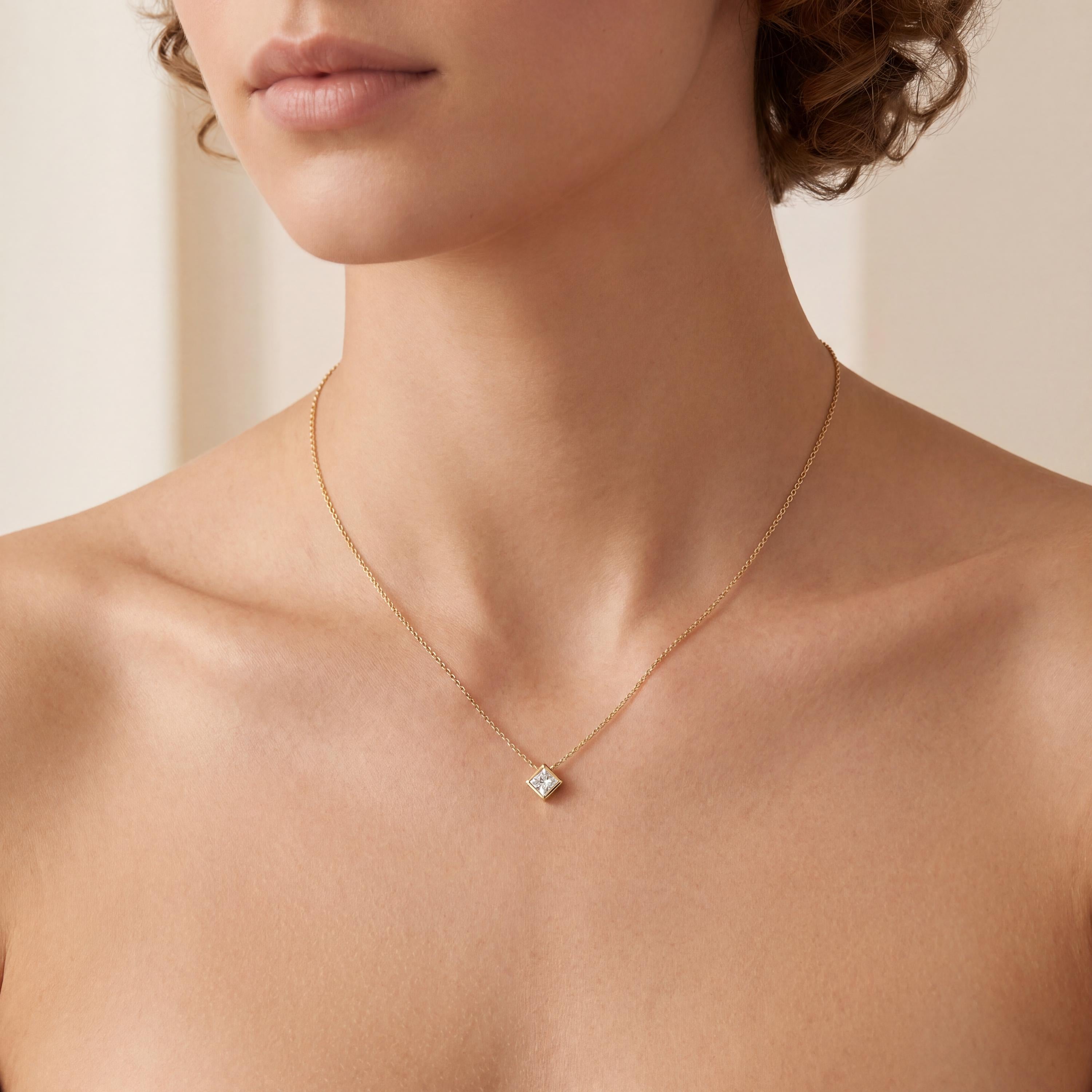 Princess Cut Diamond Bezel Set Solitaire 14K Solid Gold Pendant Necklace
