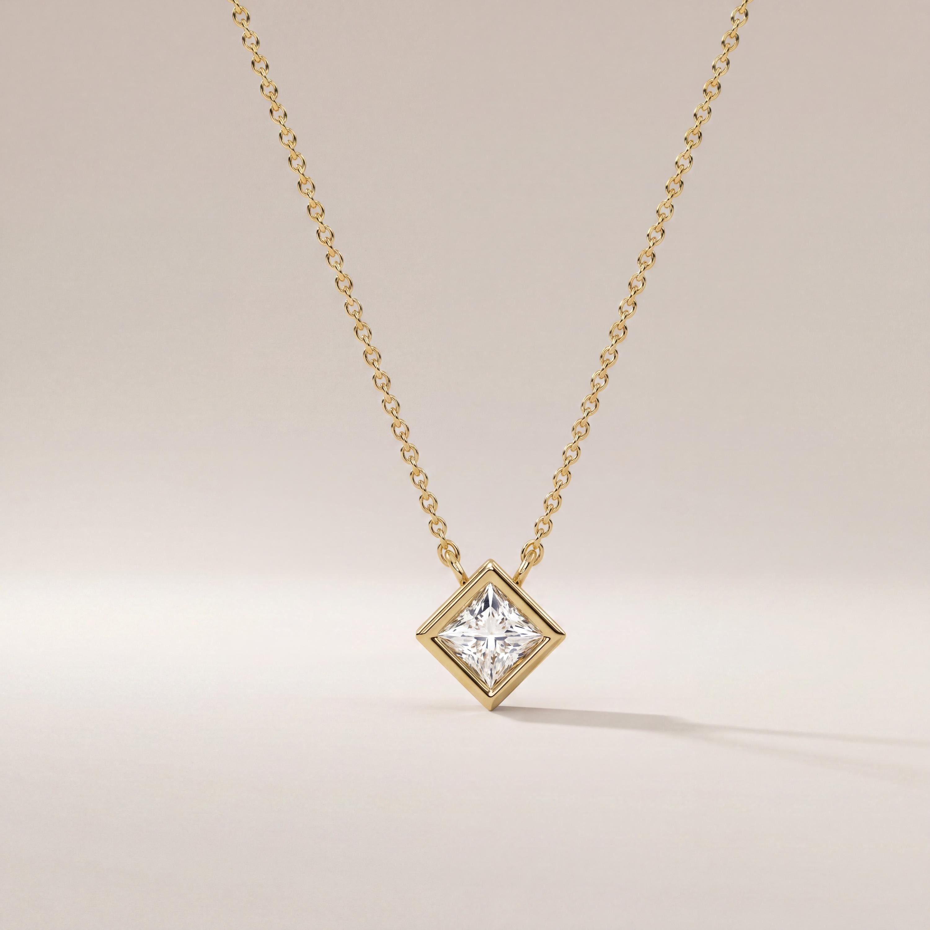 Princess Cut Diamond Bezel Set Solitaire 14K Solid Gold Pendant Necklace