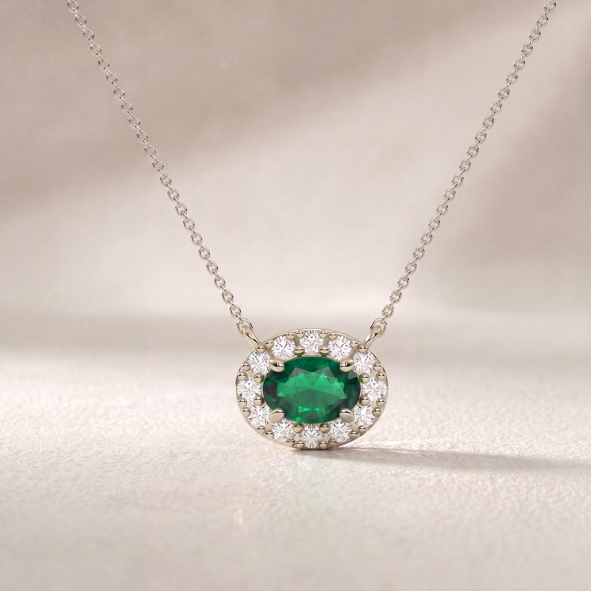 Oval Emerald & Diamond Halo Dainty 14K Solid Gold Pendant Necklace