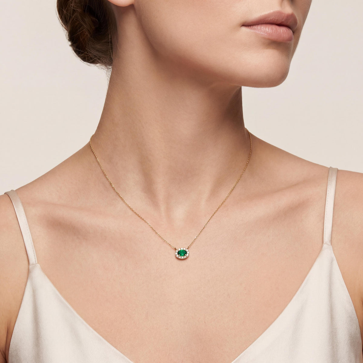 Oval Emerald & Diamond Halo Dainty 14K Solid Gold Pendant Necklace