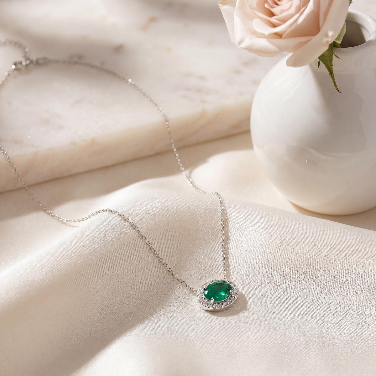 Oval Emerald & Diamond Halo Dainty 14K Solid Gold Pendant Necklace