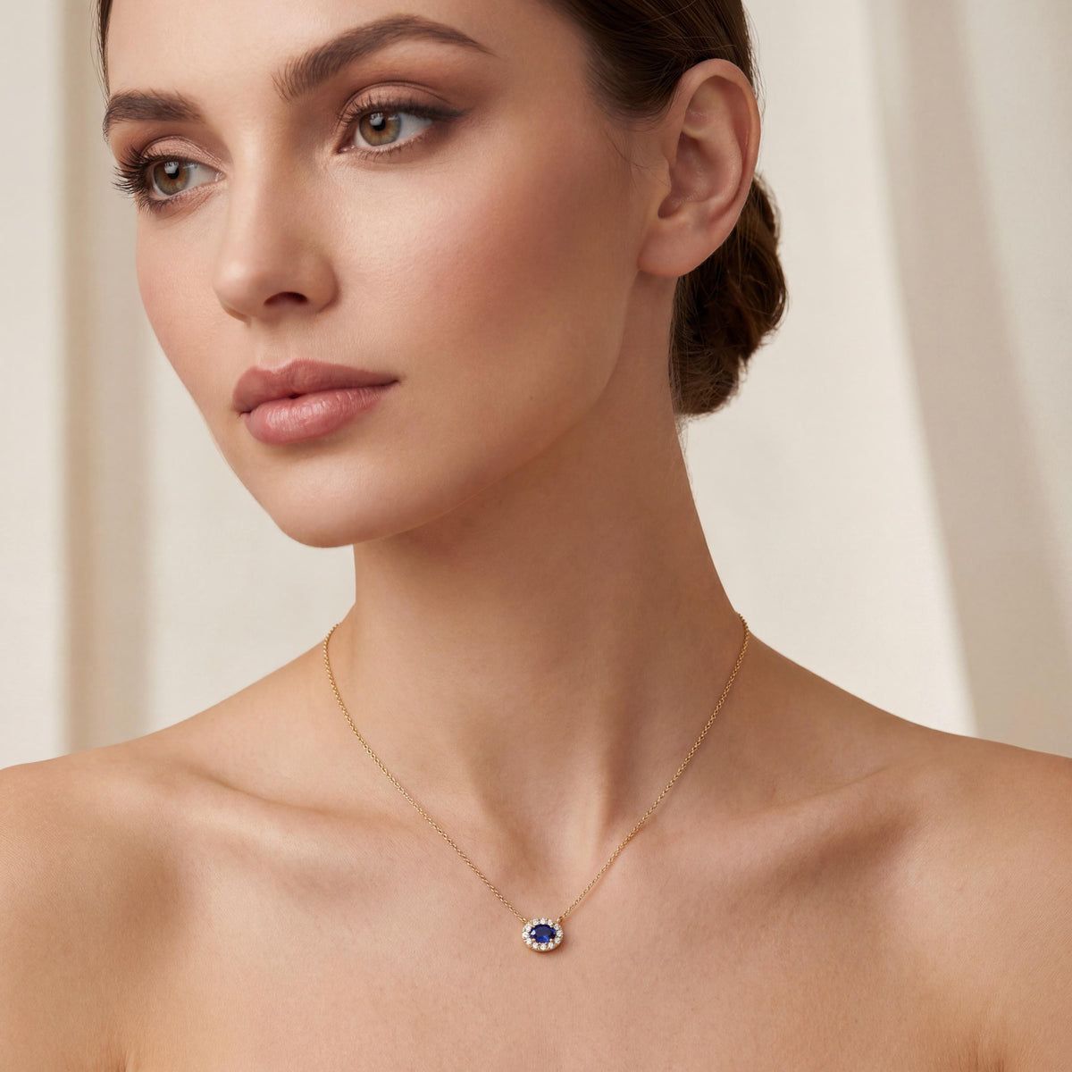 Oval Sapphire & Diamond Halo Dainty 14K Solid Gold Pendant Necklace