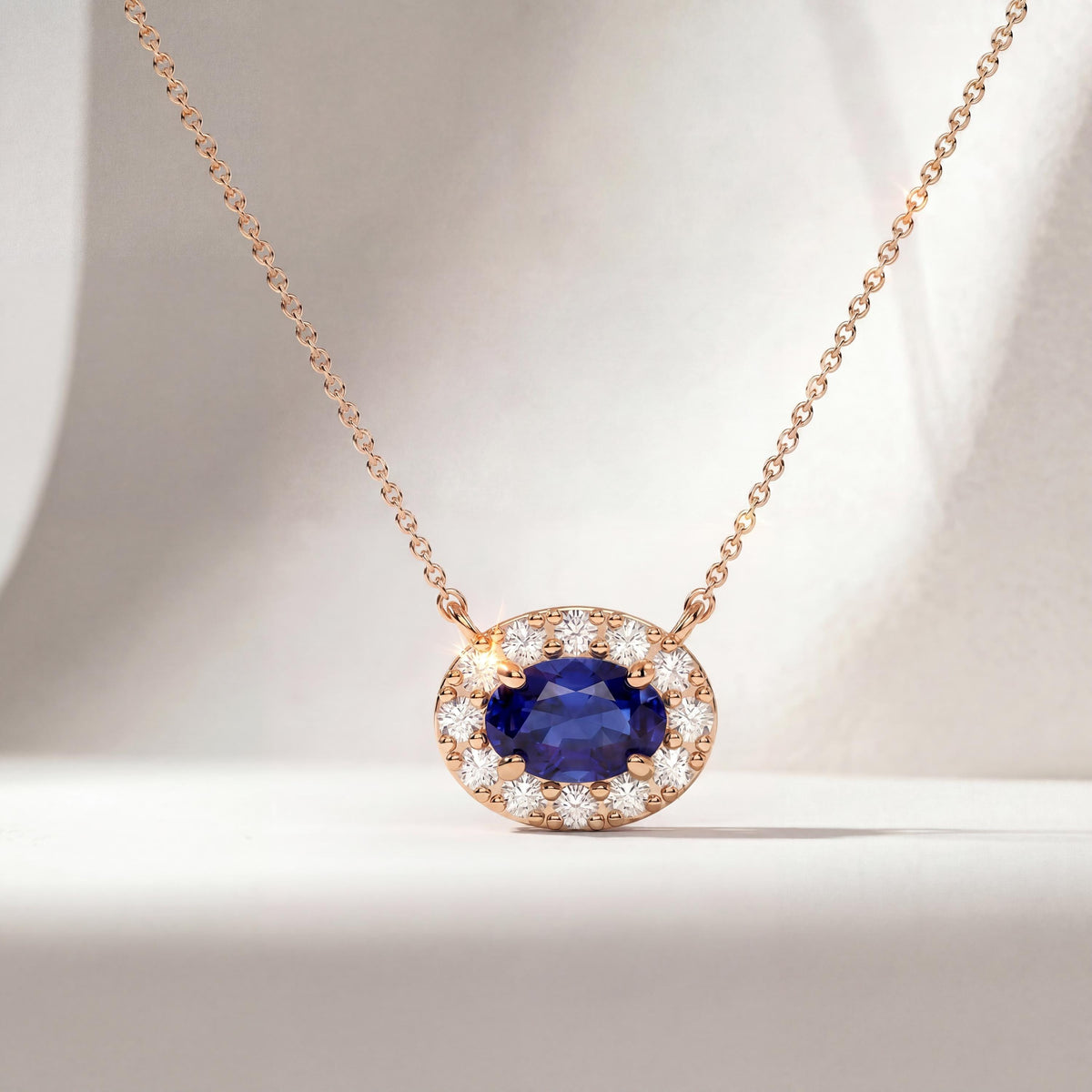Oval Sapphire & Diamond Halo Dainty 14K Solid Gold Pendant Necklace