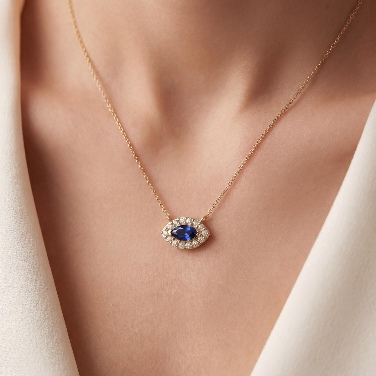 Marquise Sapphire & Diamond Halo Eye Shape 14K Solid Gold Pendant Necklace