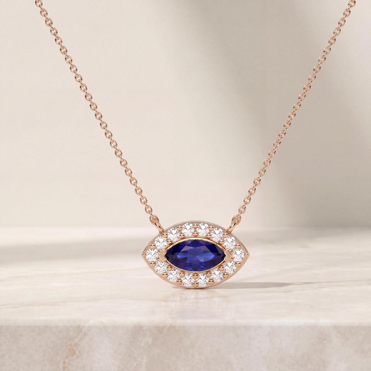 Marquise Sapphire & Diamond Halo Eye Shape 14K Solid Gold Pendant Necklace