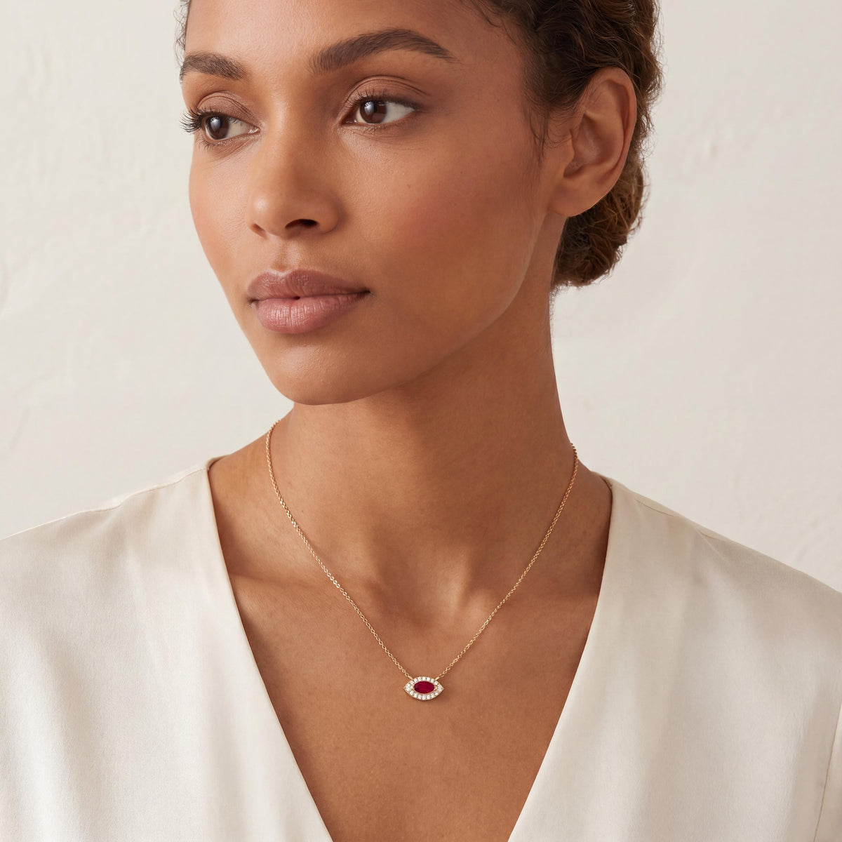 Marquise Ruby & Diamond Halo Eye Shape 14K Solid Gold Pendant Necklace