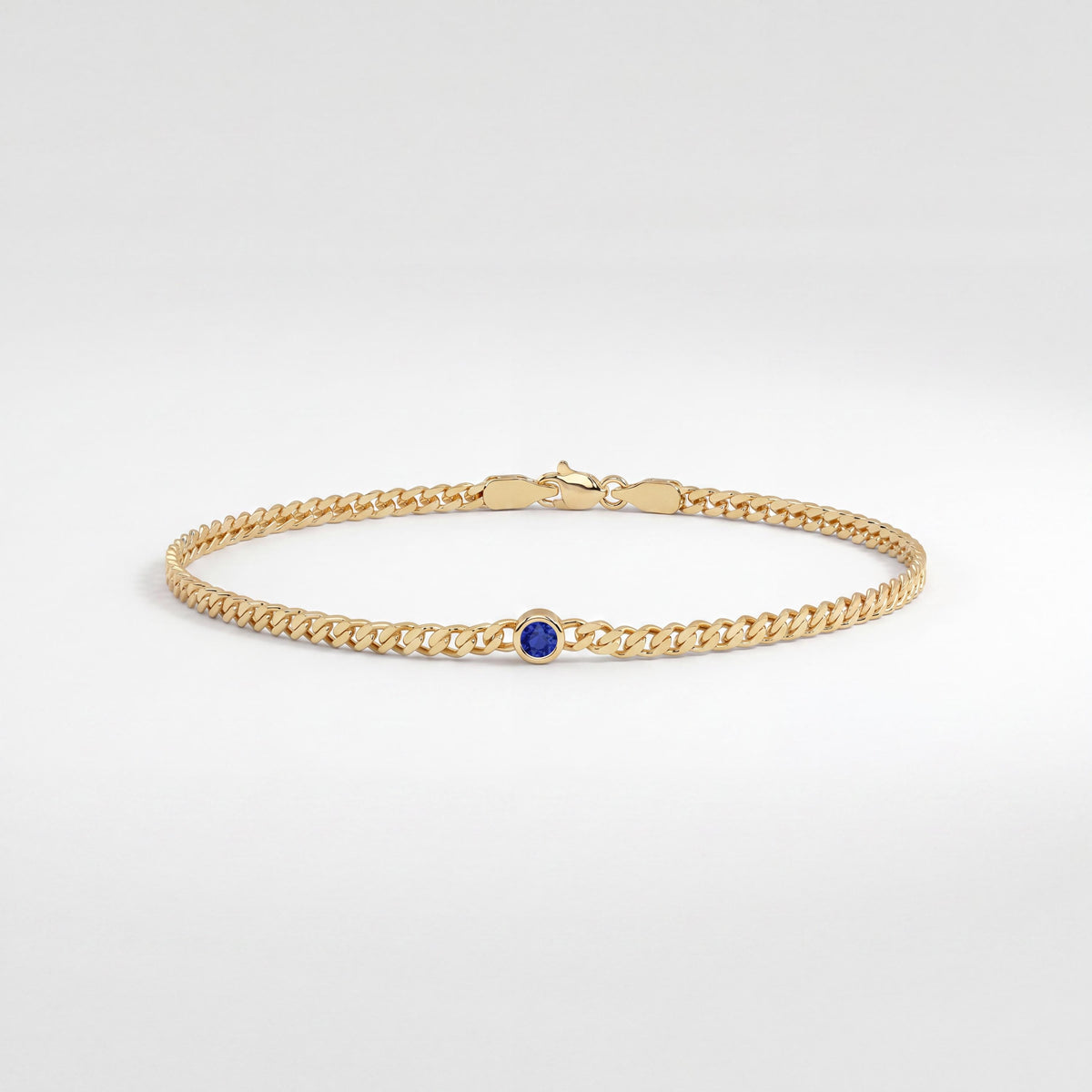 Round Brilliant Cut Bezel Set Sapphire Solitaire 14K Solid Gold Cuban Curb Link Bracelet
