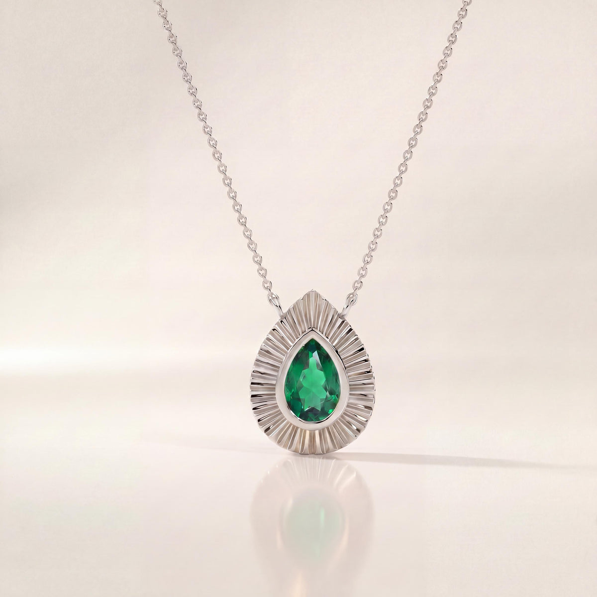 Pear Shape Emerald Fluted Dainty Bezel 14K Solid Gold Pendant Necklace