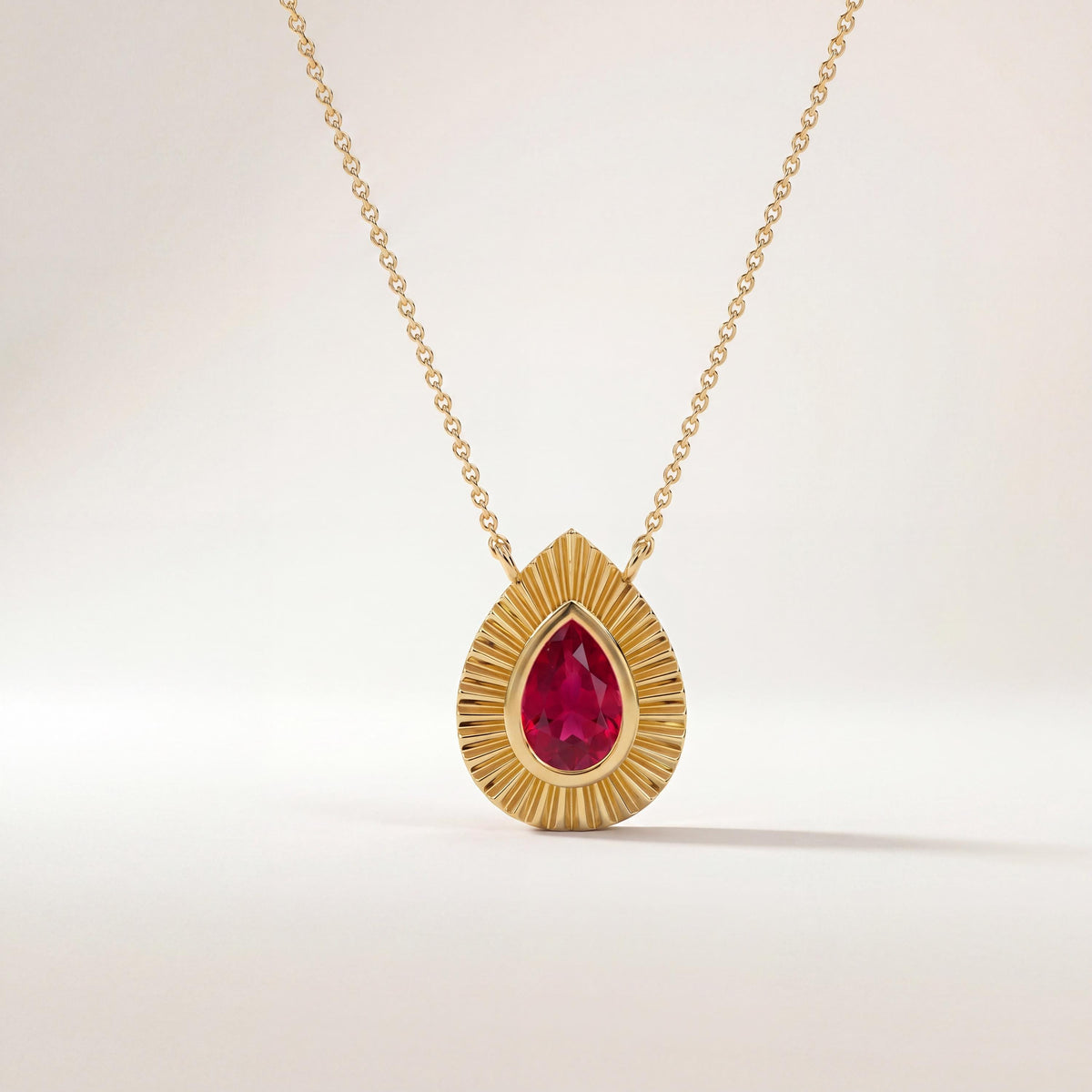 Pear Shape Ruby Fluted Dainty Bezel 14K Solid Gold Pendant Necklace