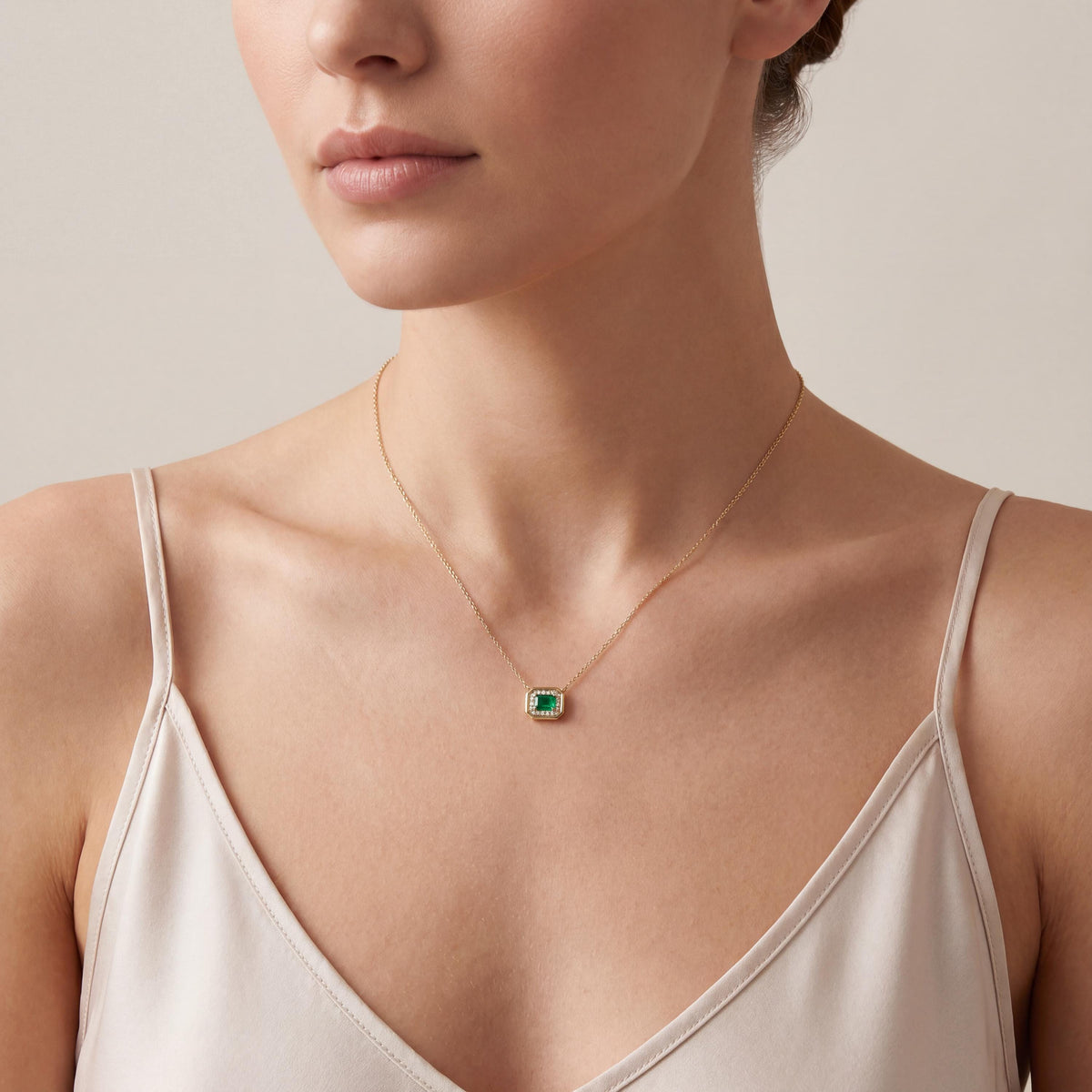 Emerald Cut Diamond & Emerald Halo Dainty Bezel 14K Solid Gold Pendant Necklace
