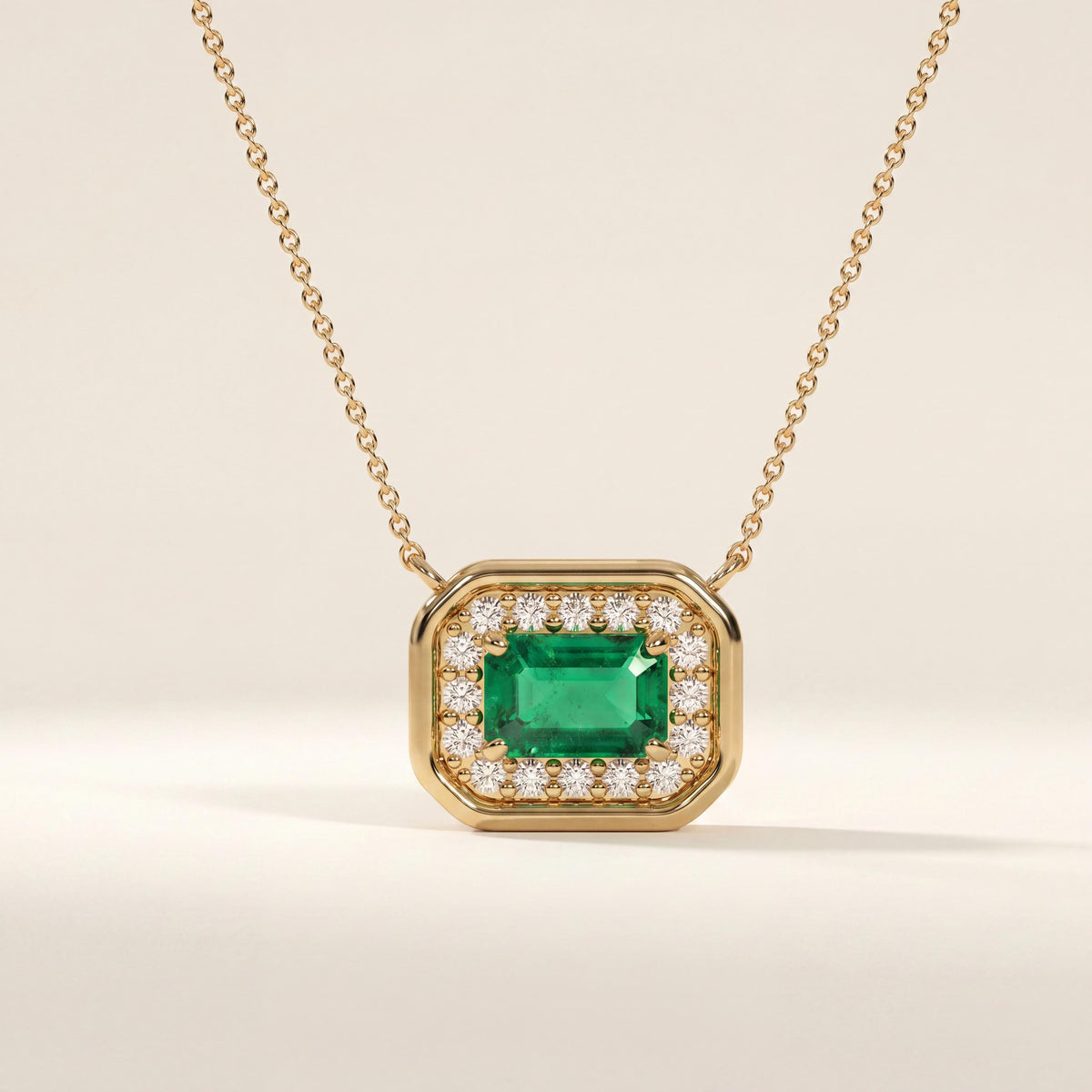 Emerald Cut Diamond & Emerald Halo Dainty Bezel 14K Solid Gold Pendant Necklace
