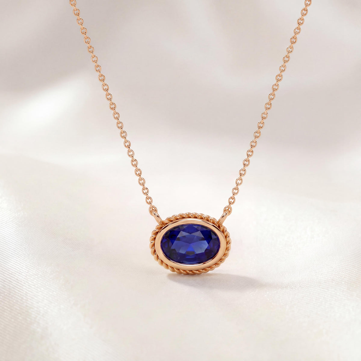 Oval Sapphire Solitaire Bezel Set Halo Rope 14K Solid Gold Pendant Necklace