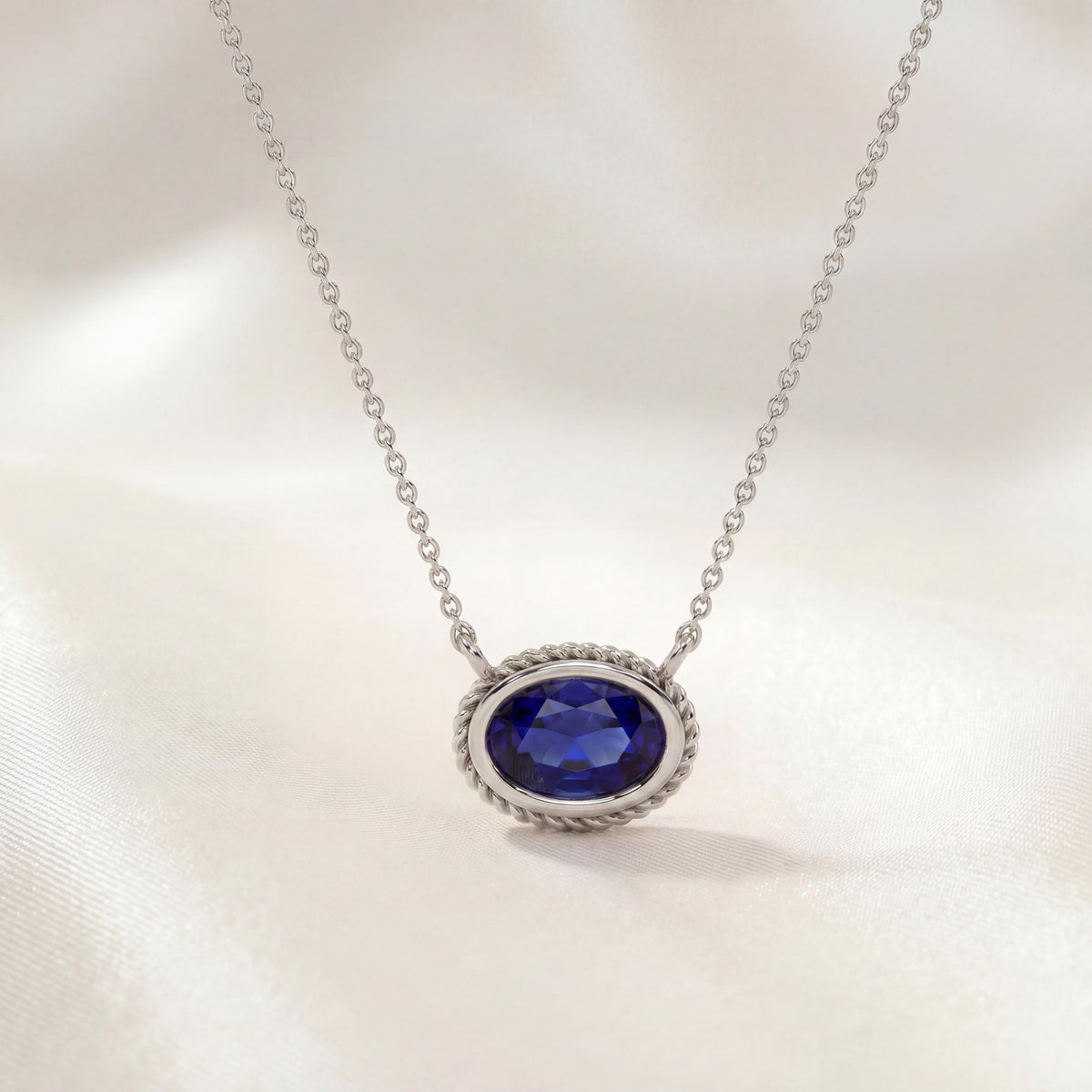 Oval Sapphire Solitaire Bezel Set Halo Rope 14K Solid Gold Pendant Necklace