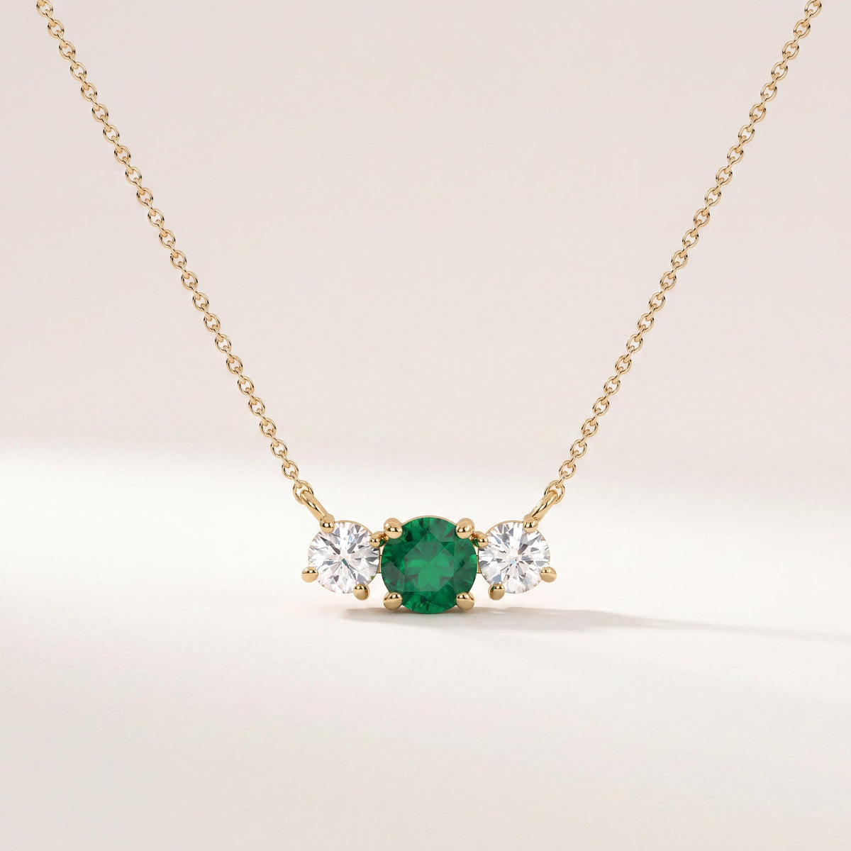 Round Emerald & Diamond Three Stone Dainty Necklace 14K Solid Gold Pendant