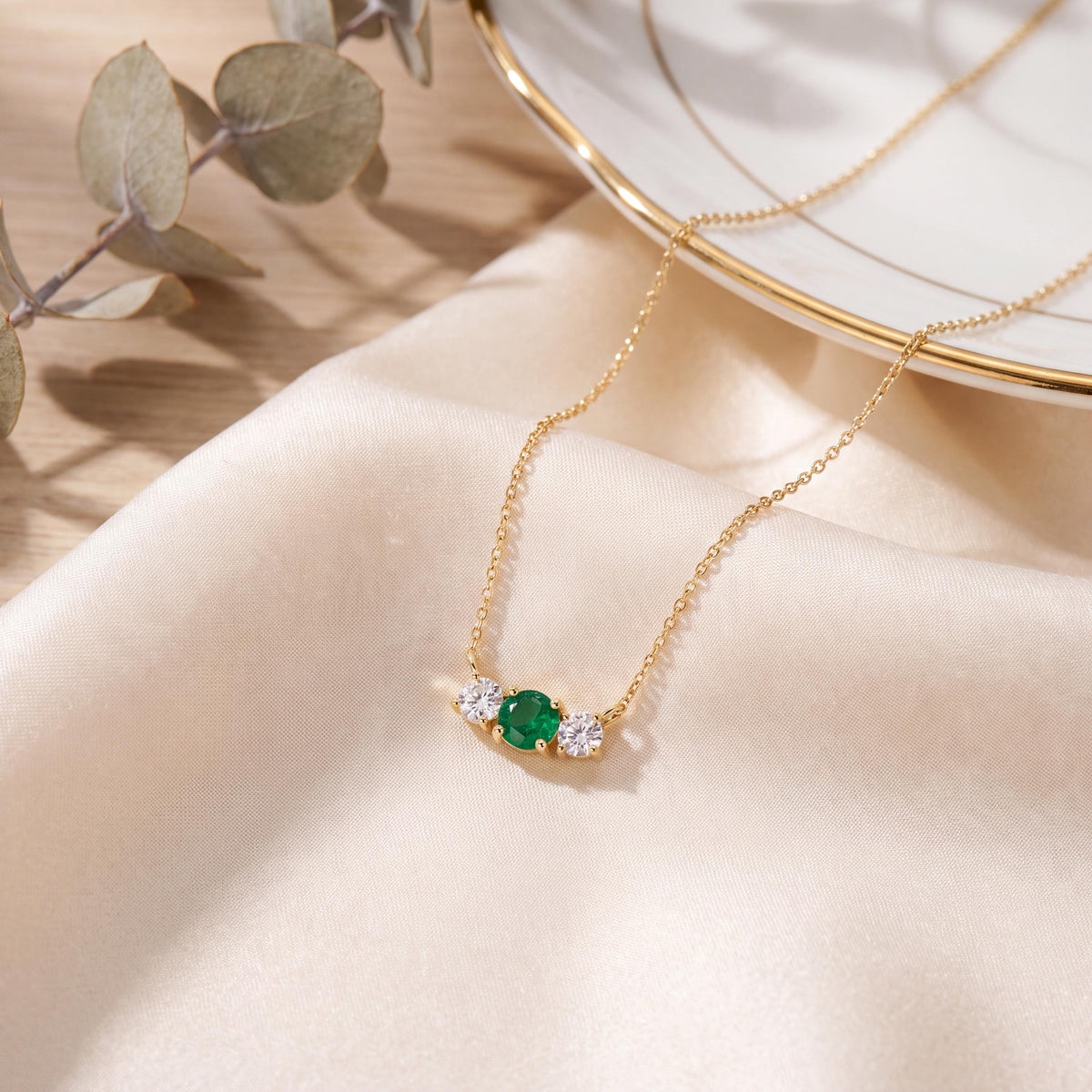Round Emerald & Diamond Three Stone Dainty Necklace 14K Solid Gold Pendant
