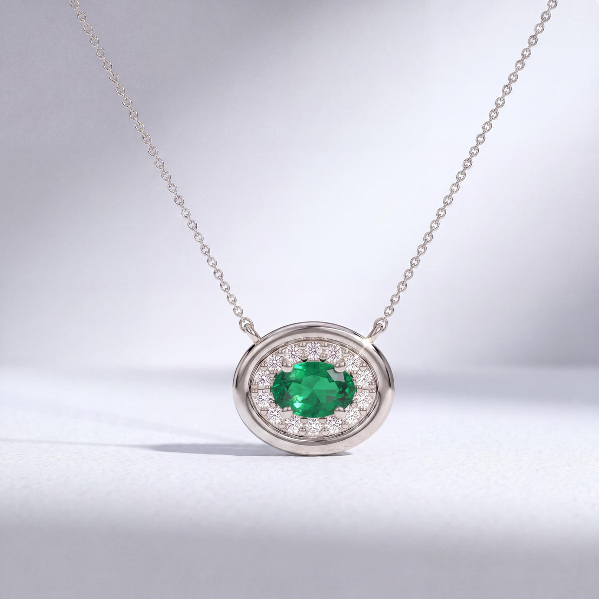Oval Emerald & Diamond Halo Dainty Bezel 14K Solid Gold Pendant Necklace
