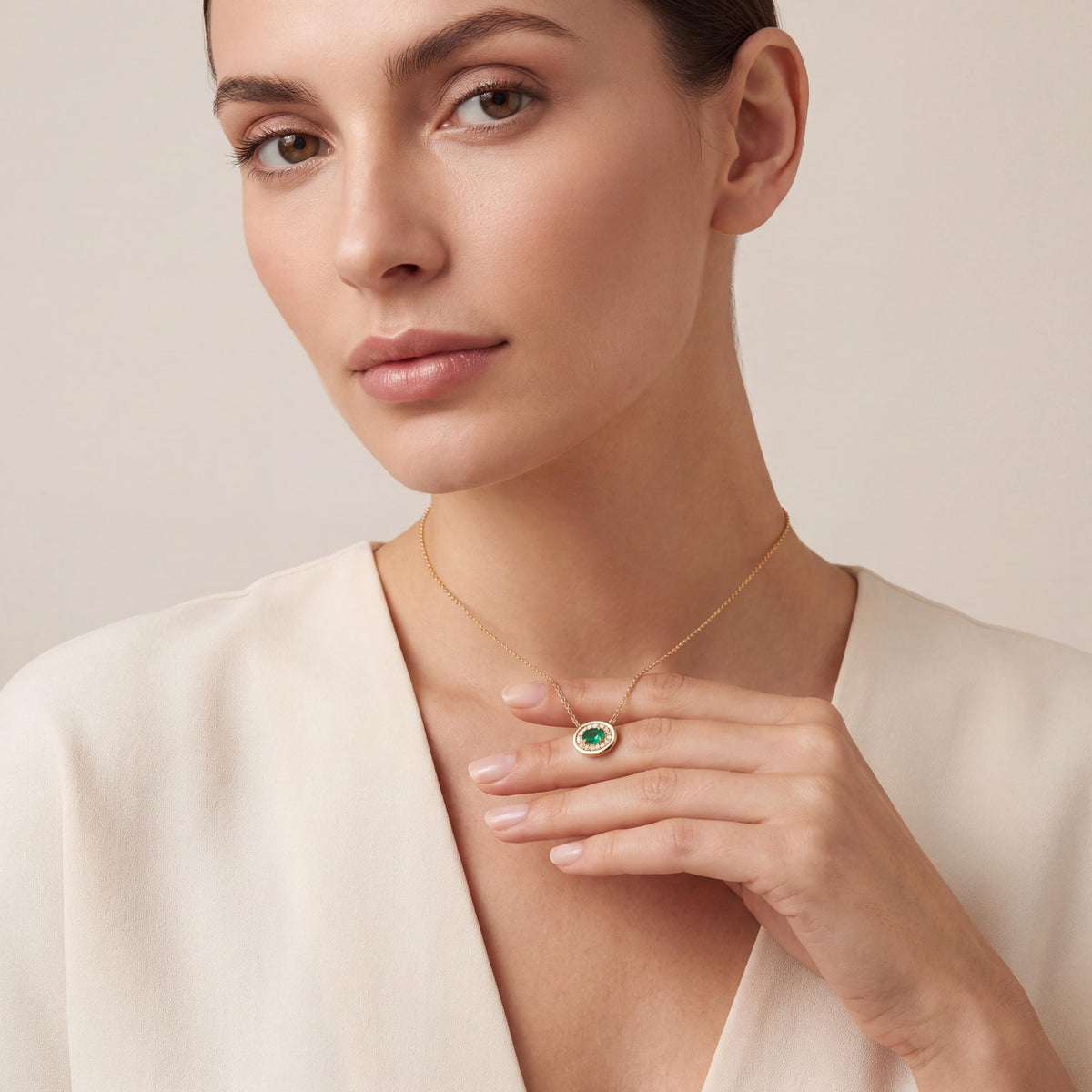 Oval Emerald & Diamond Halo Dainty Bezel 14K Solid Gold Pendant Necklace